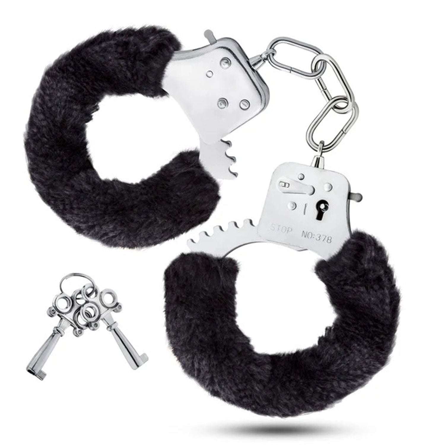 Temptasia Beginner Cuffs black faux fur stainless steel adjustable bondage handcuffs with keys and safety release lever