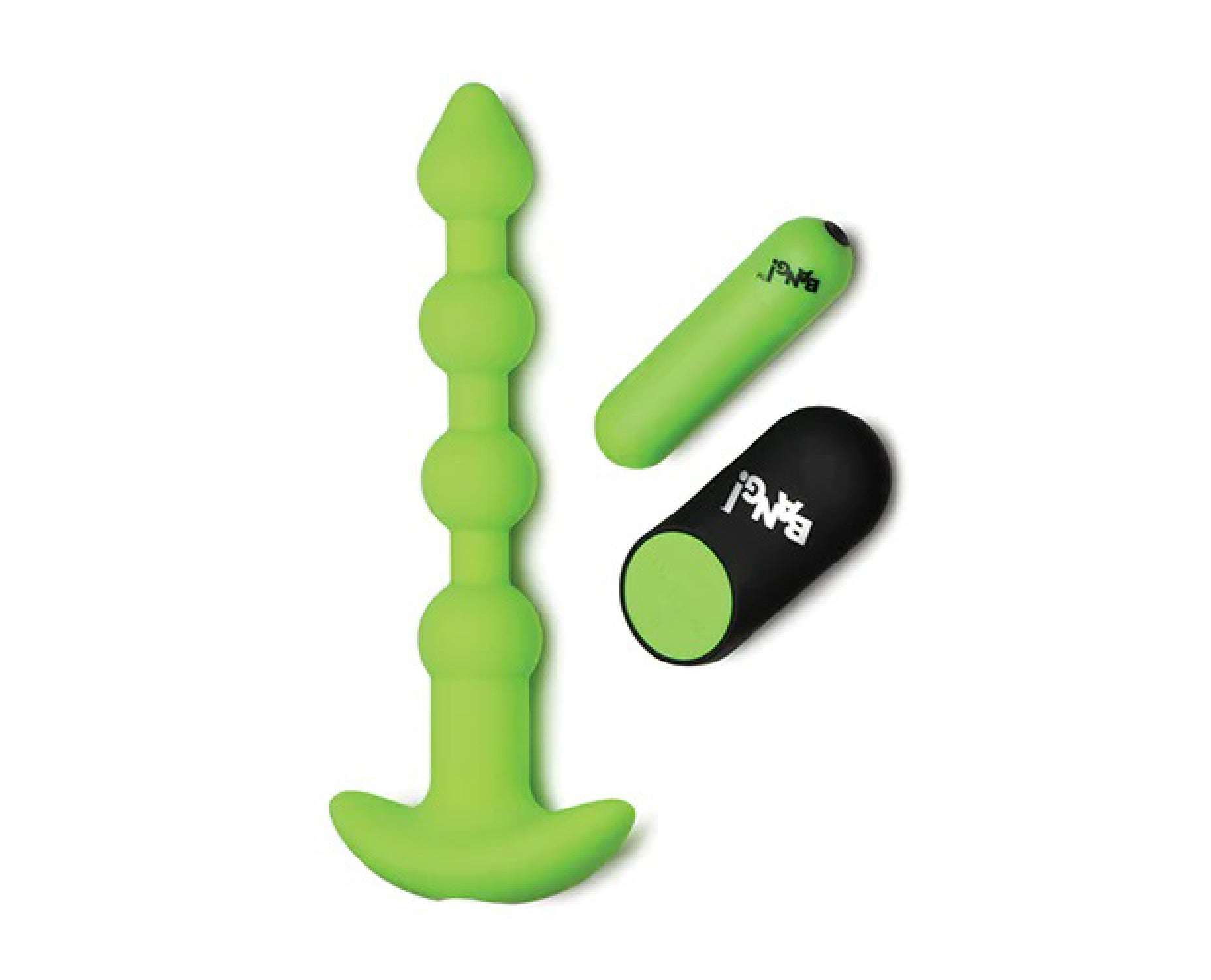 Green glow in the dark silicone anal beads with remote control and multiple vibration modes