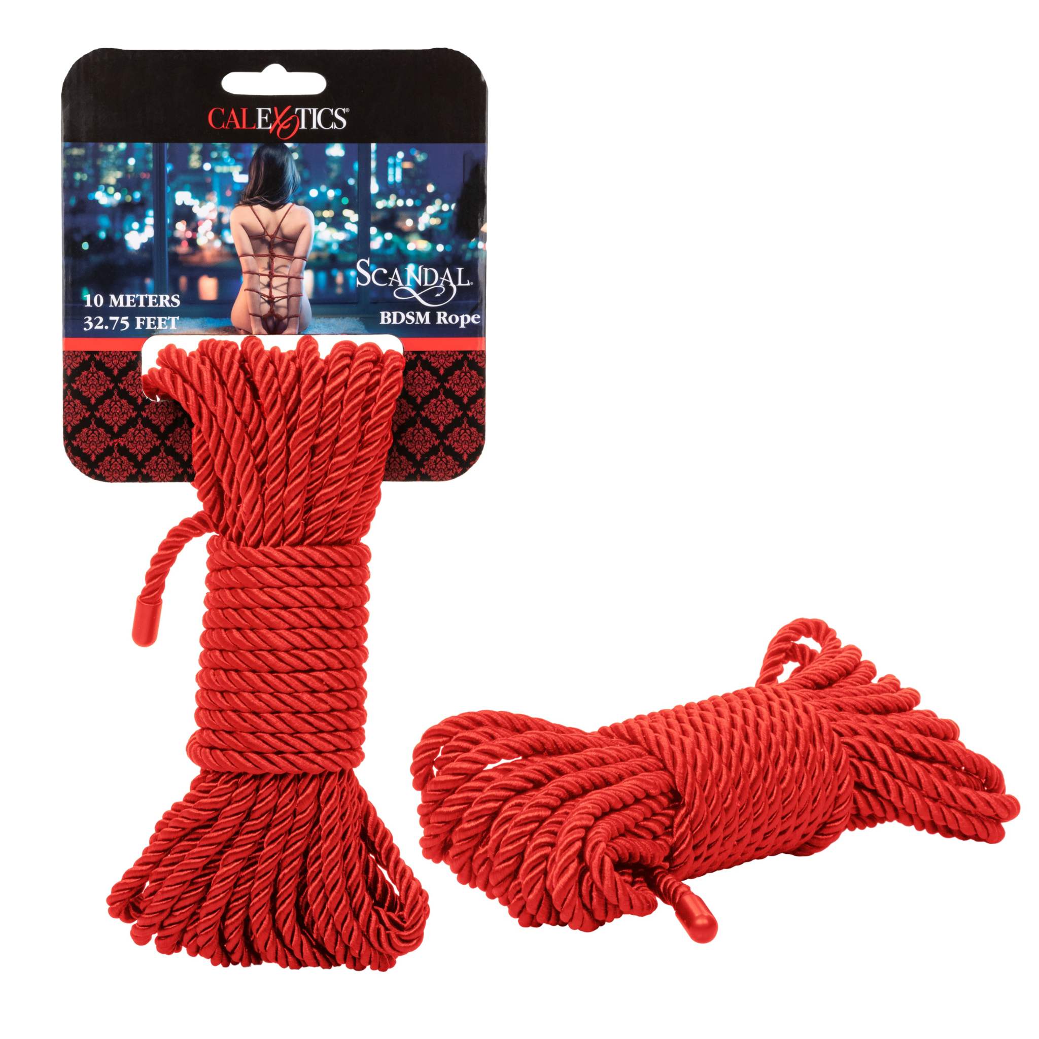 Red Scandal BDSM Rope for durable restraint and sensory play, 10 meters long, made of soft cotton-polyester blend with polished zinc alloy caps.