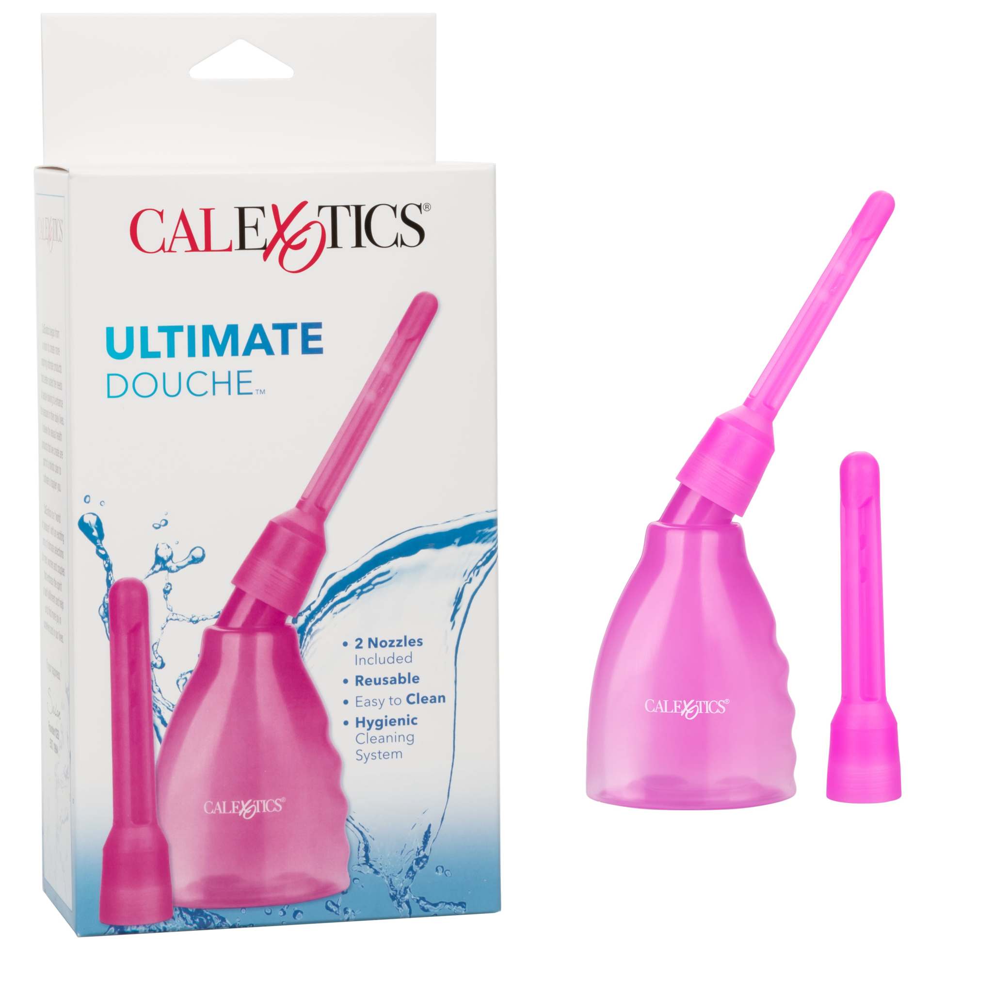 Pink reusable Ultimate Douche with ergonomic design and two interchangeable nozzles for effective personal care.