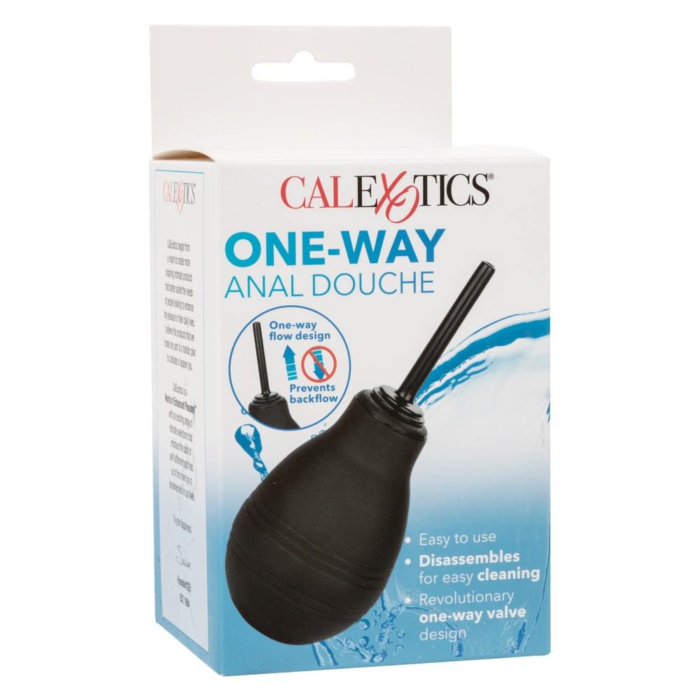 Black One Way Anal Douche with one-way valve, ergonomic design, and easy-to-clean bulb for personal hygiene.