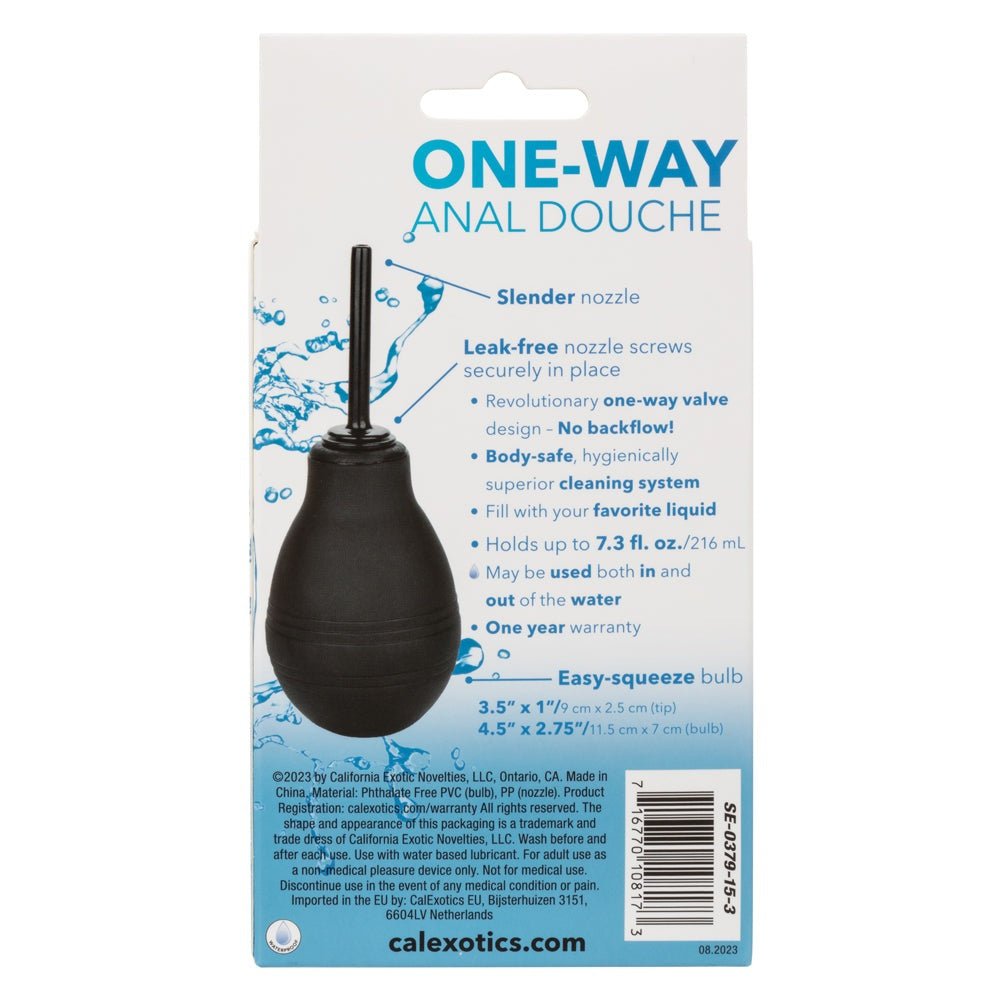 Black One Way Anal Douche with slender leak-free nozzle, one-way valve, and easy-squeeze bulb for hygienic cleansing.