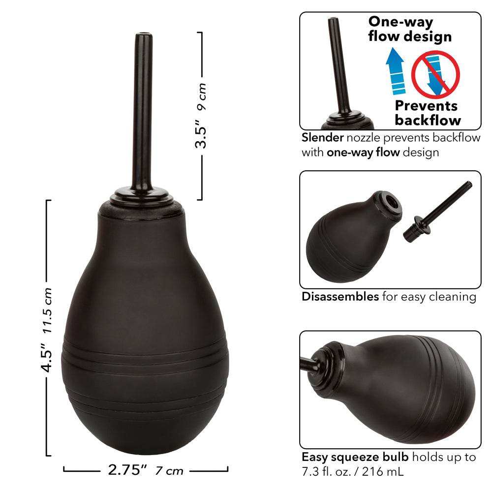 Black One Way Anal Douche with slender nozzle, one-way valve to prevent backflow, easy-to-clean disassembly, and 7.3 fl. oz. squeeze bulb for hygienic cleansing.