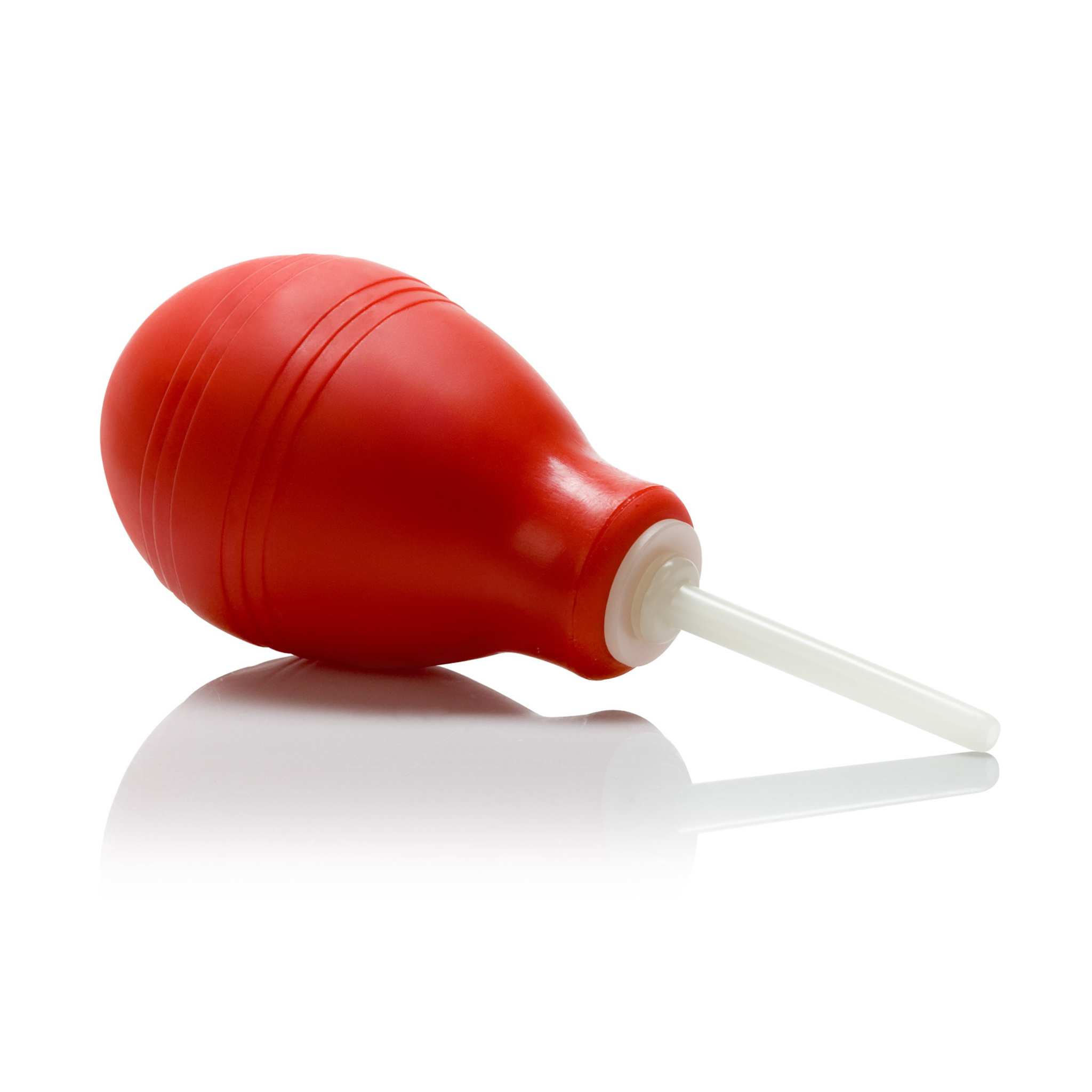 Red anal douche with ergonomic design and glow-in-the-dark applicator for intimate hygiene.