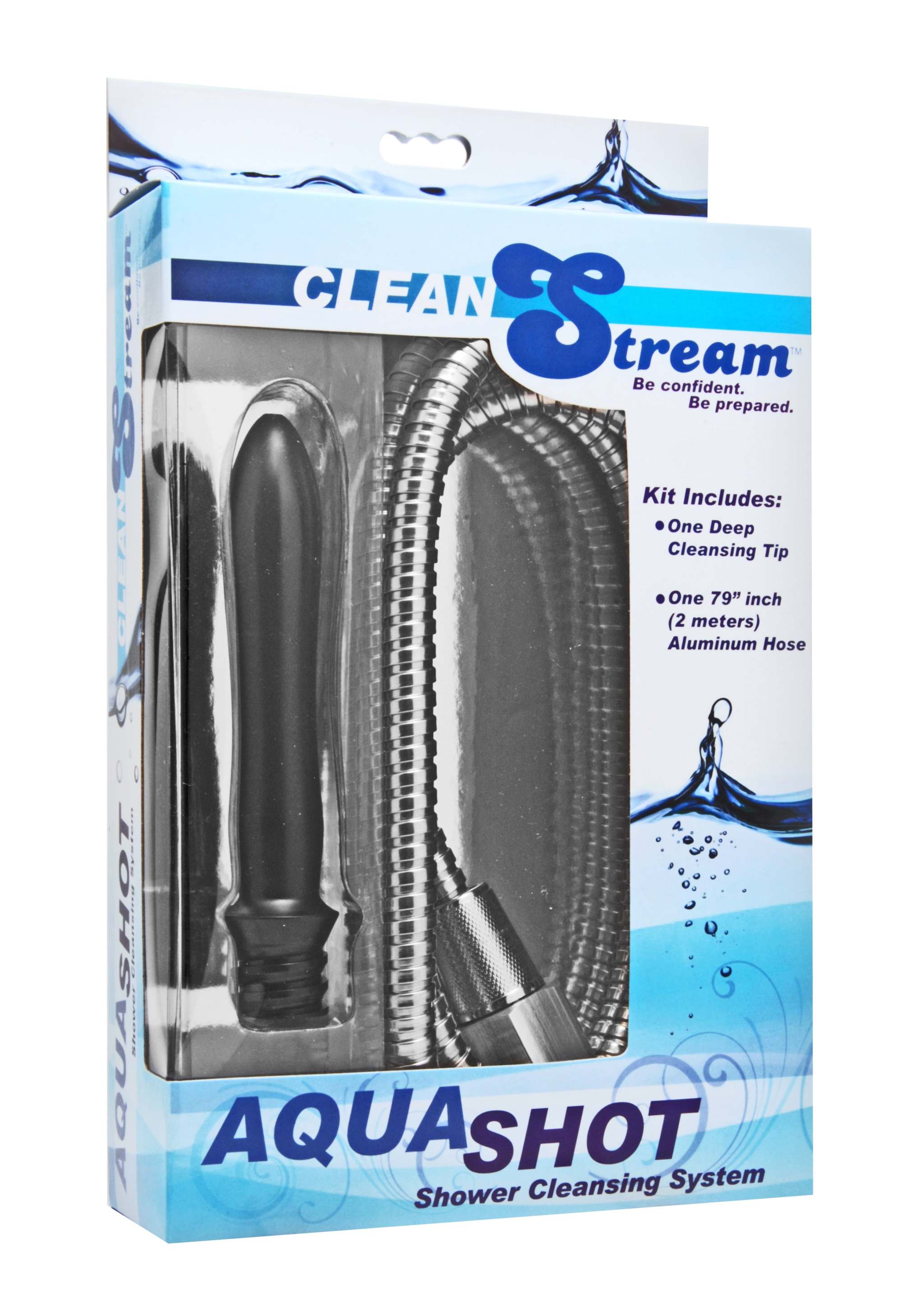Clean Stream Aqua Shot Shower Enema Cleansing System with aluminum hose and deep cleansing tip in retail packaging