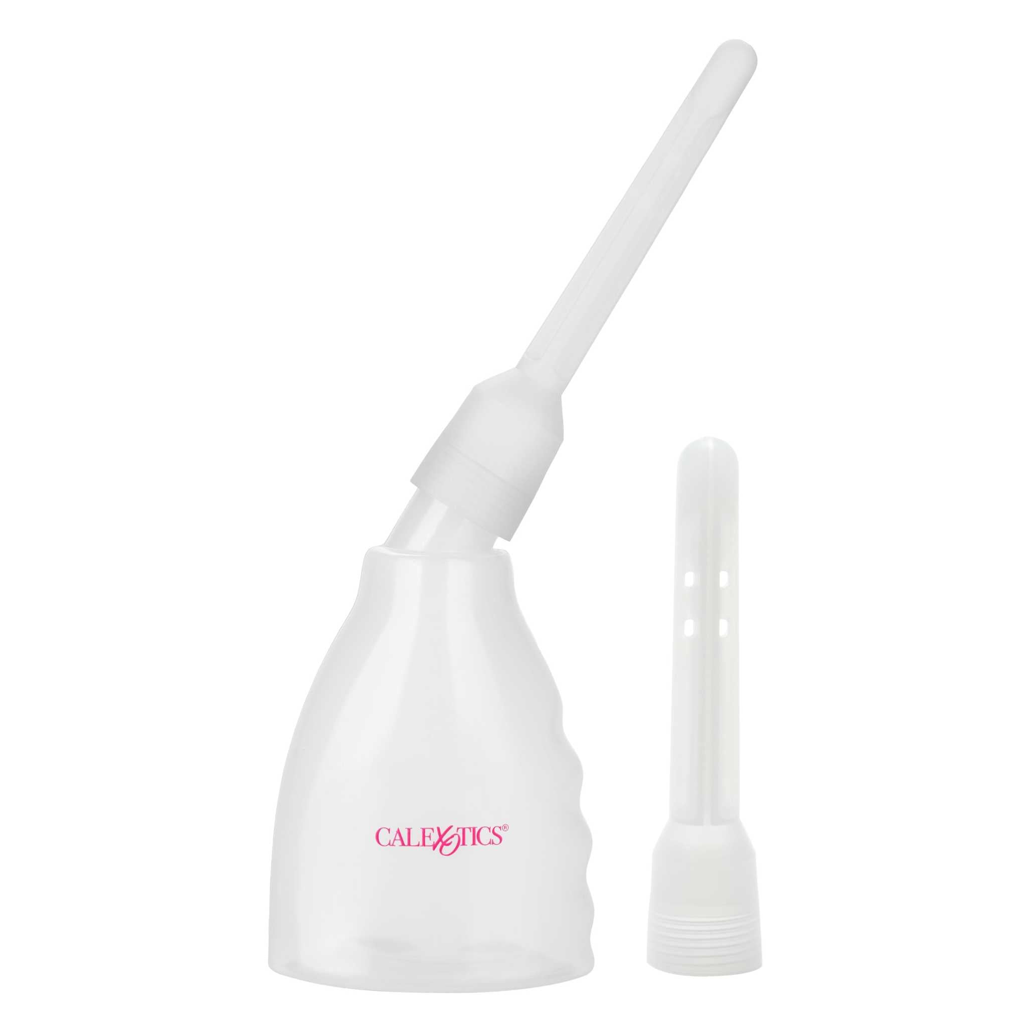Clear reusable douche system with two interchangeable nozzles for personal hygiene and intimate care