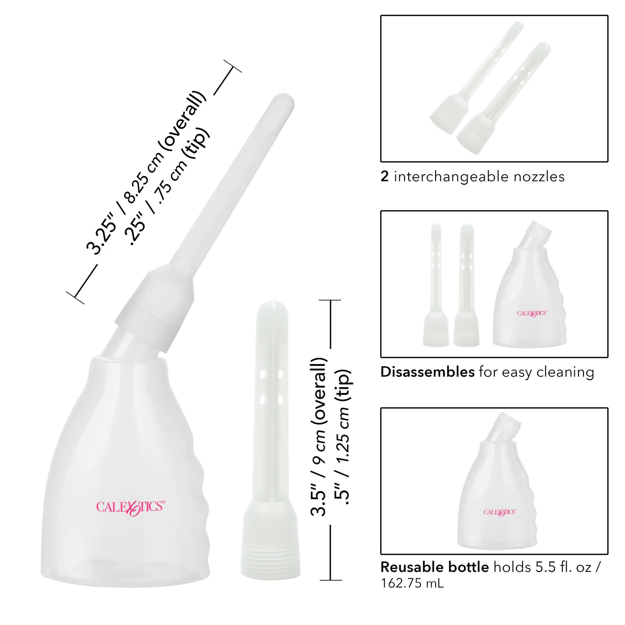 Clear reusable Ultimate Douche with two interchangeable nozzles and disassemblable bottle for easy cleaning, 5.5 fl oz capacity.