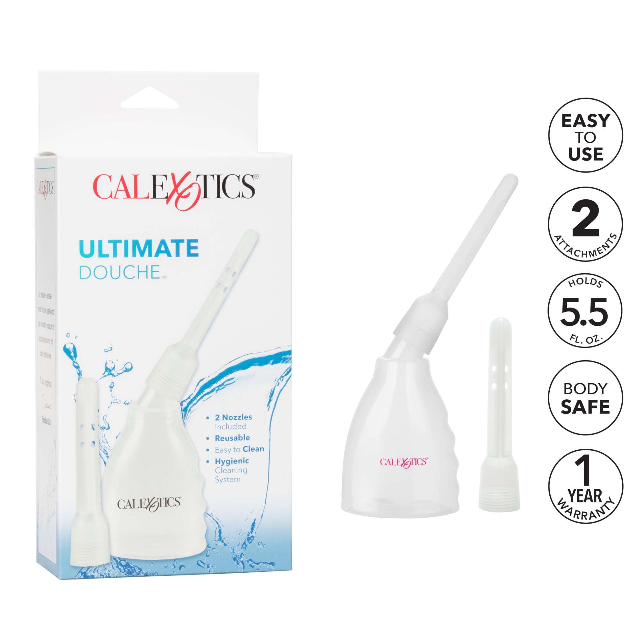 Clear Ultimate Douche personal care system with two interchangeable nozzles, 5.5 fl oz capacity, reusable and body-safe design by CalExotics