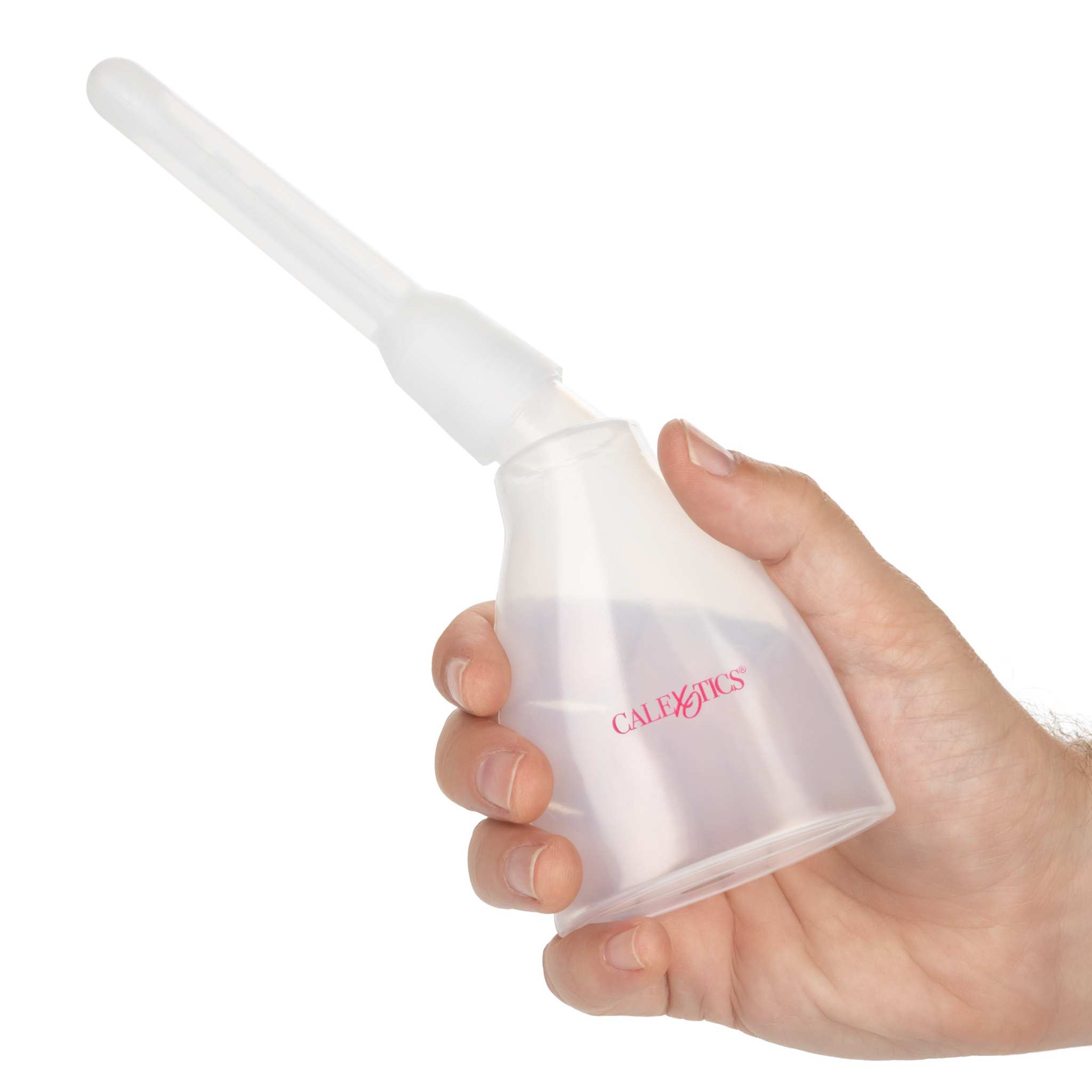 Hand holding the transparent Ultimate Douche - Clear reusable personal care device with a long nozzle and CalExotics logo.