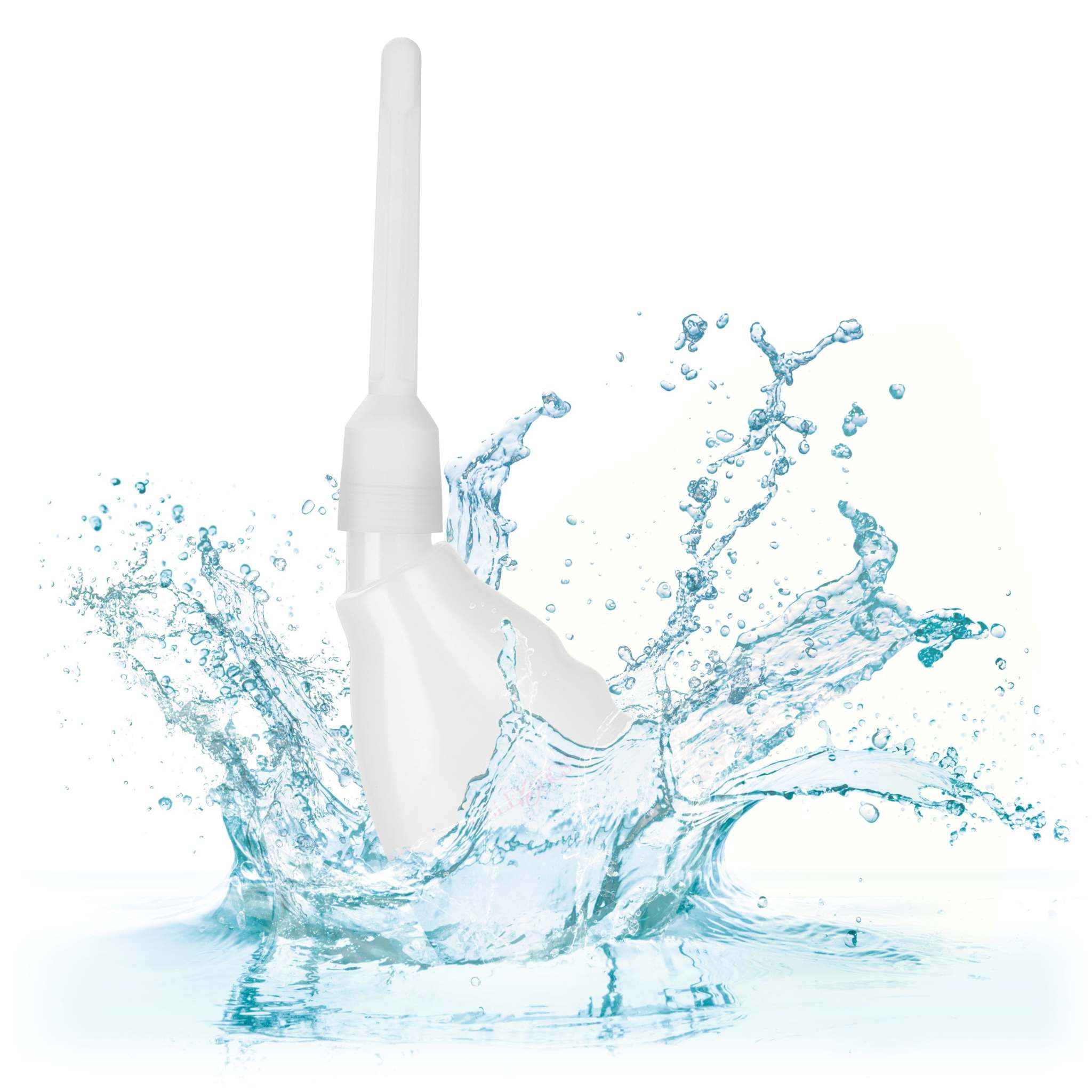 Transparent reusable ultimate douche with two interchangeable nozzles splashing in water