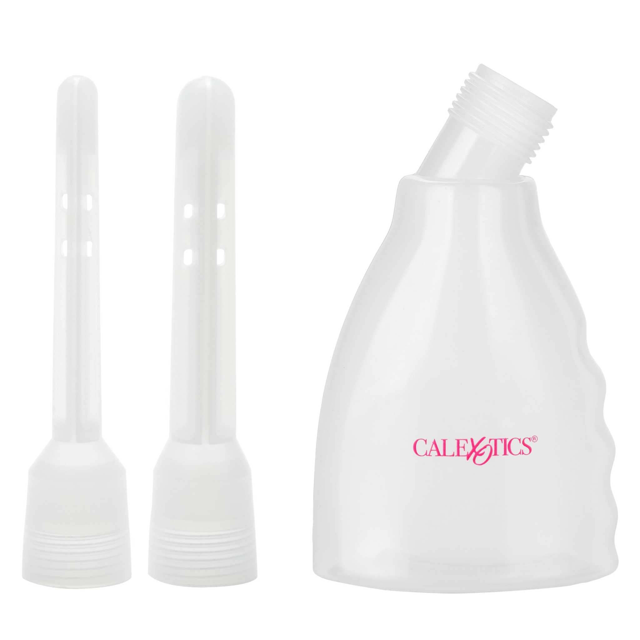 Clear reusable douche bottle with two interchangeable nozzles for personal hygiene and intimate care