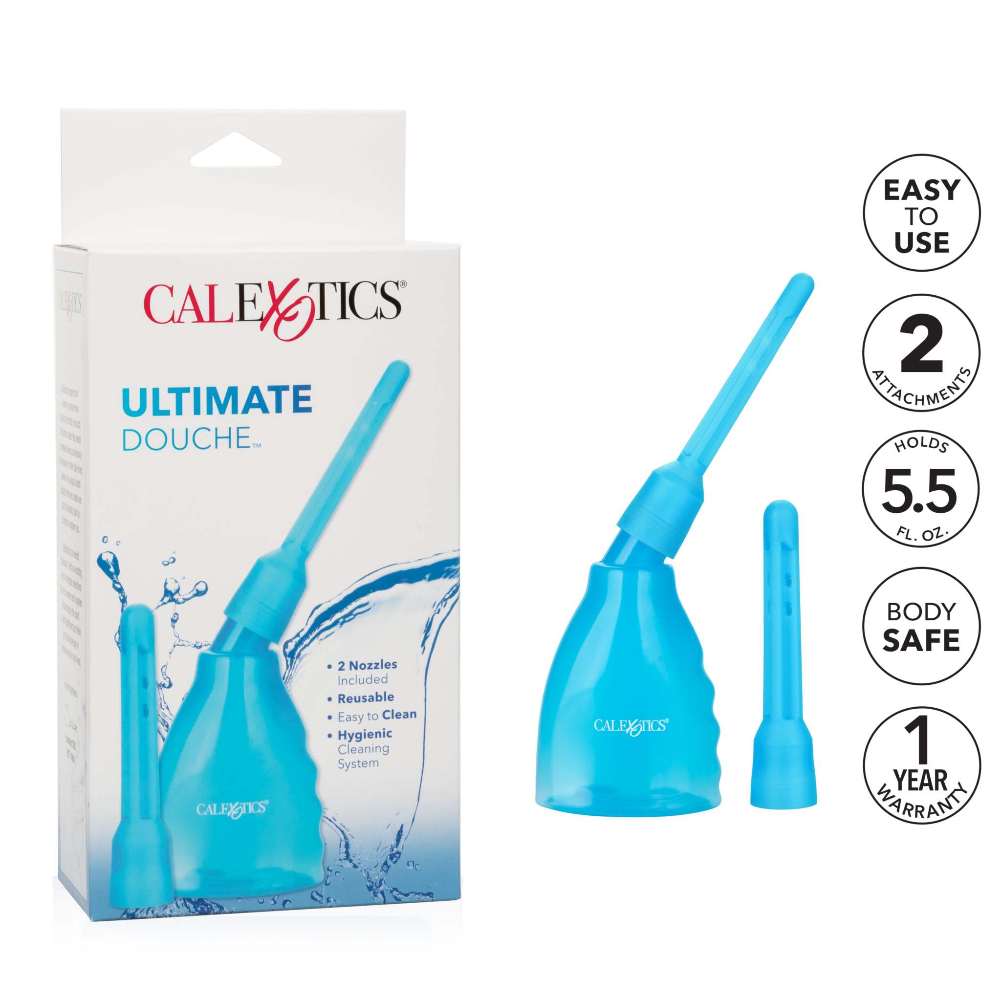 CalExotics Ultimate Douche with ergonomic blue bottle and two interchangeable nozzles for personal hygiene