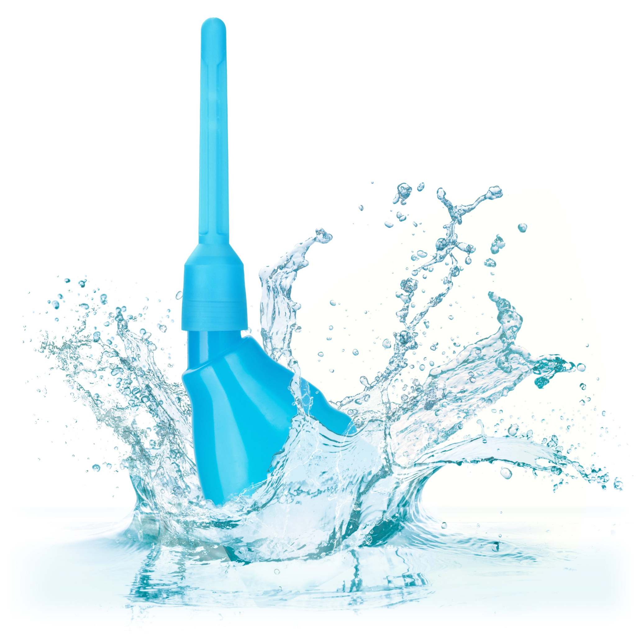 Blue ergonomic ultimate douche with splash of water on white background