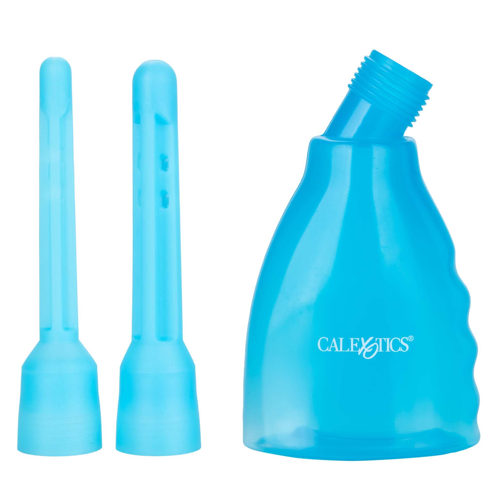 Blue ergonomic reusable douche kit with two interchangeable nozzles for effective personal care