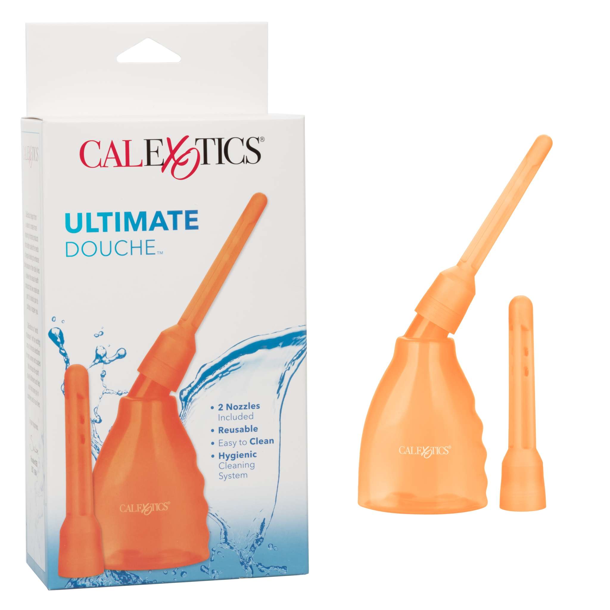 Ultimate Douche - Orange reusable intimate hygiene douche with two interchangeable nozzles and transparent orange bottle.
