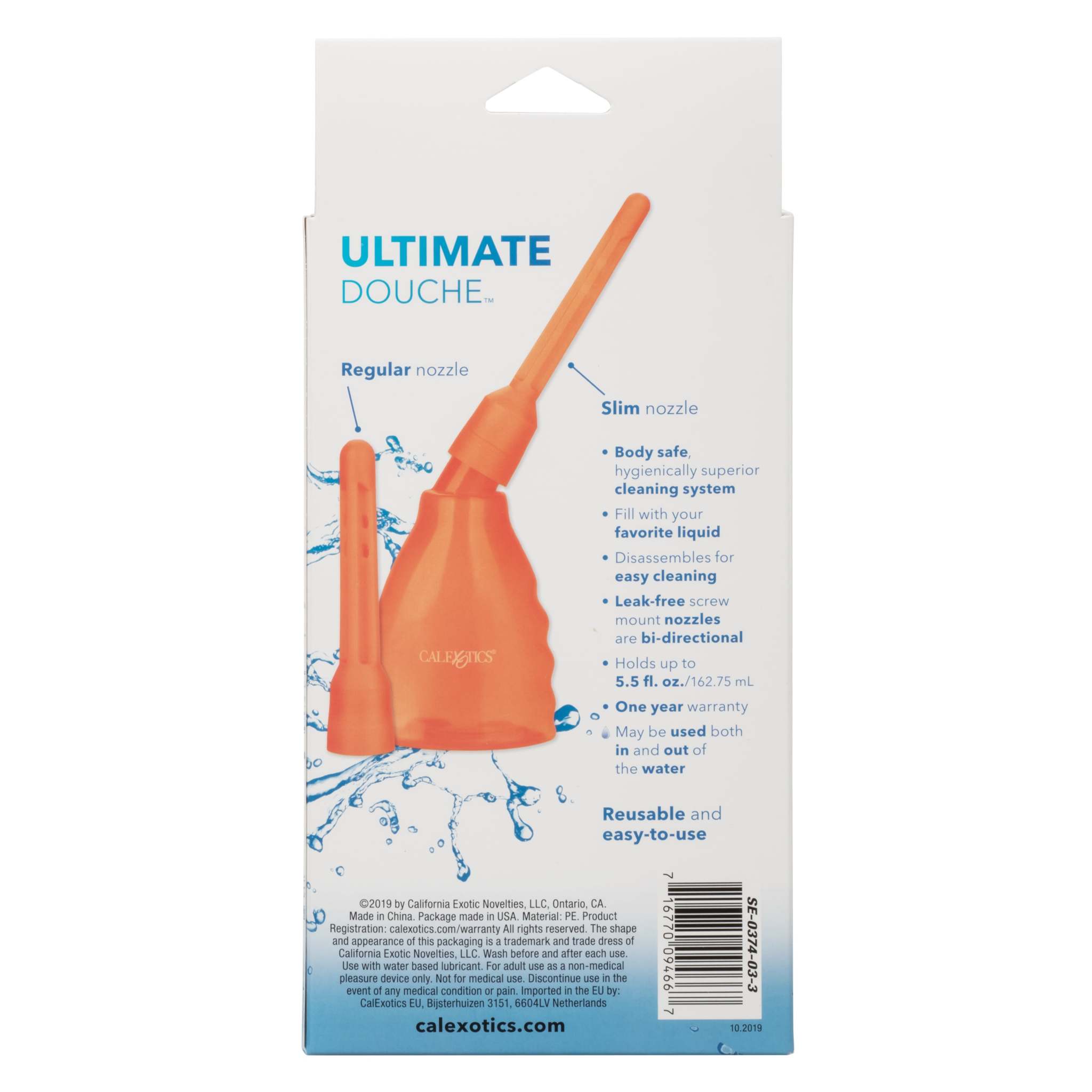 Packaged Ultimate Douche - Orange reusable intimate hygiene system with two interchangeable nozzles on white background