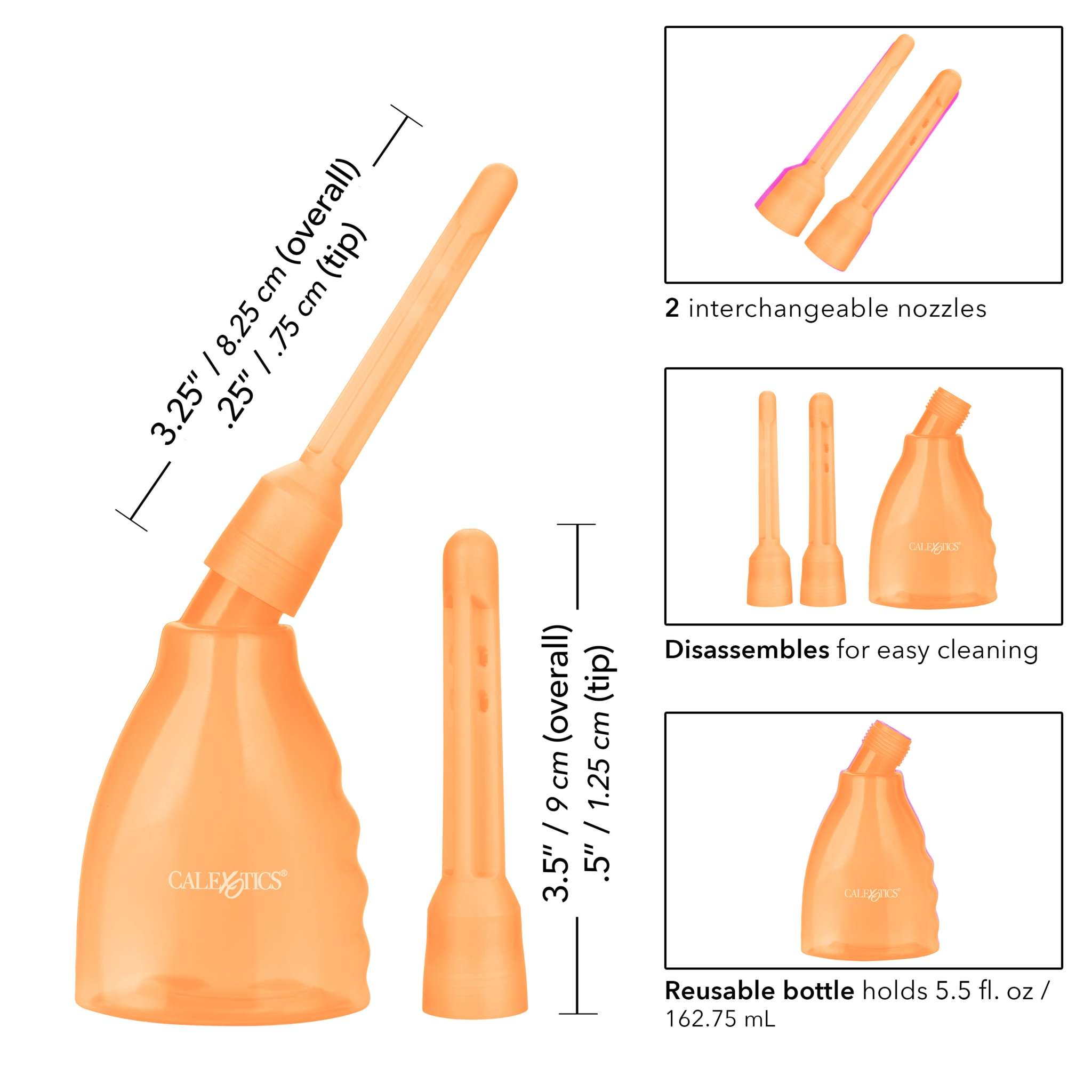 Orange reusable Ultimate Douche with two interchangeable nozzles, disassemblable for easy cleaning, and a 5.5 fl oz capacity bottle.