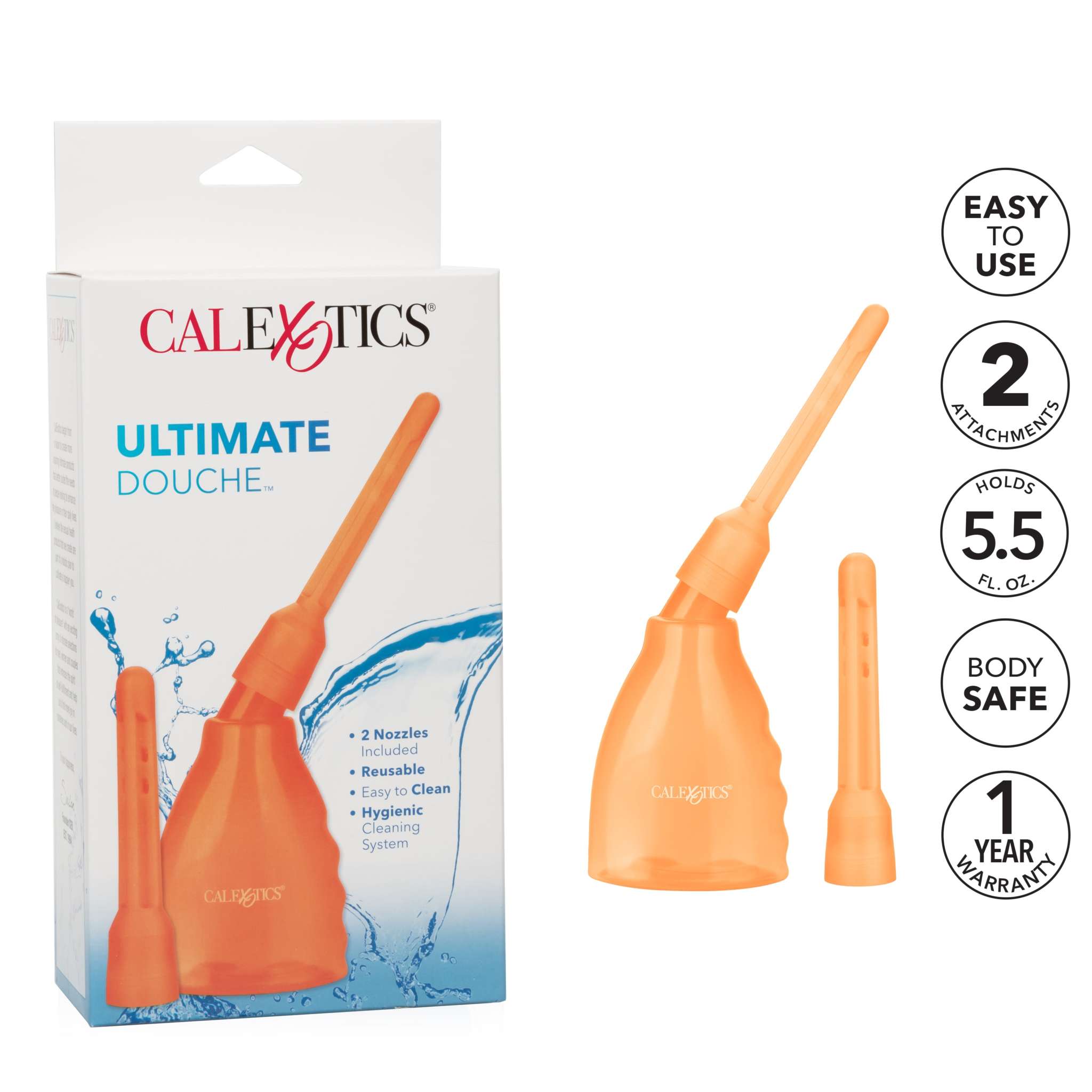 Orange reusable Ultimate Douche set with two nozzles and transparent bottle for personal hygiene care