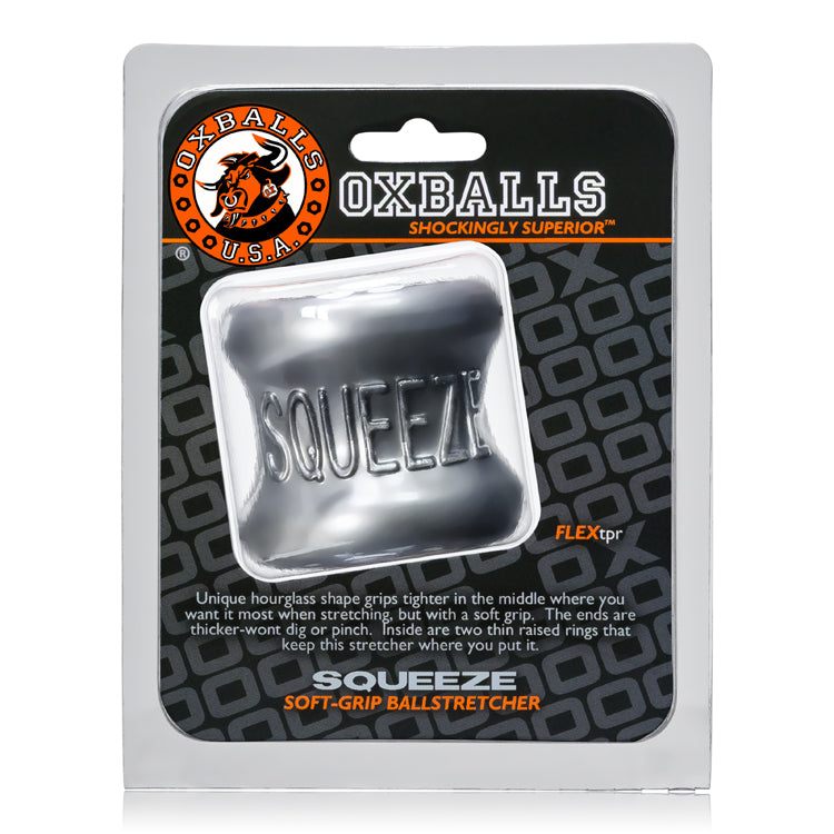 Squeeze Soft-Grip Ballstretcher by Oxballs in black flexible TPR with cushioned ends for comfortable testicle stretching