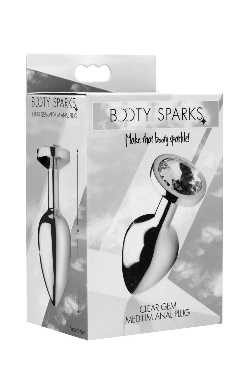 Clear gem anal plug small with smooth aluminum finish and crystal jewel base in retail packaging