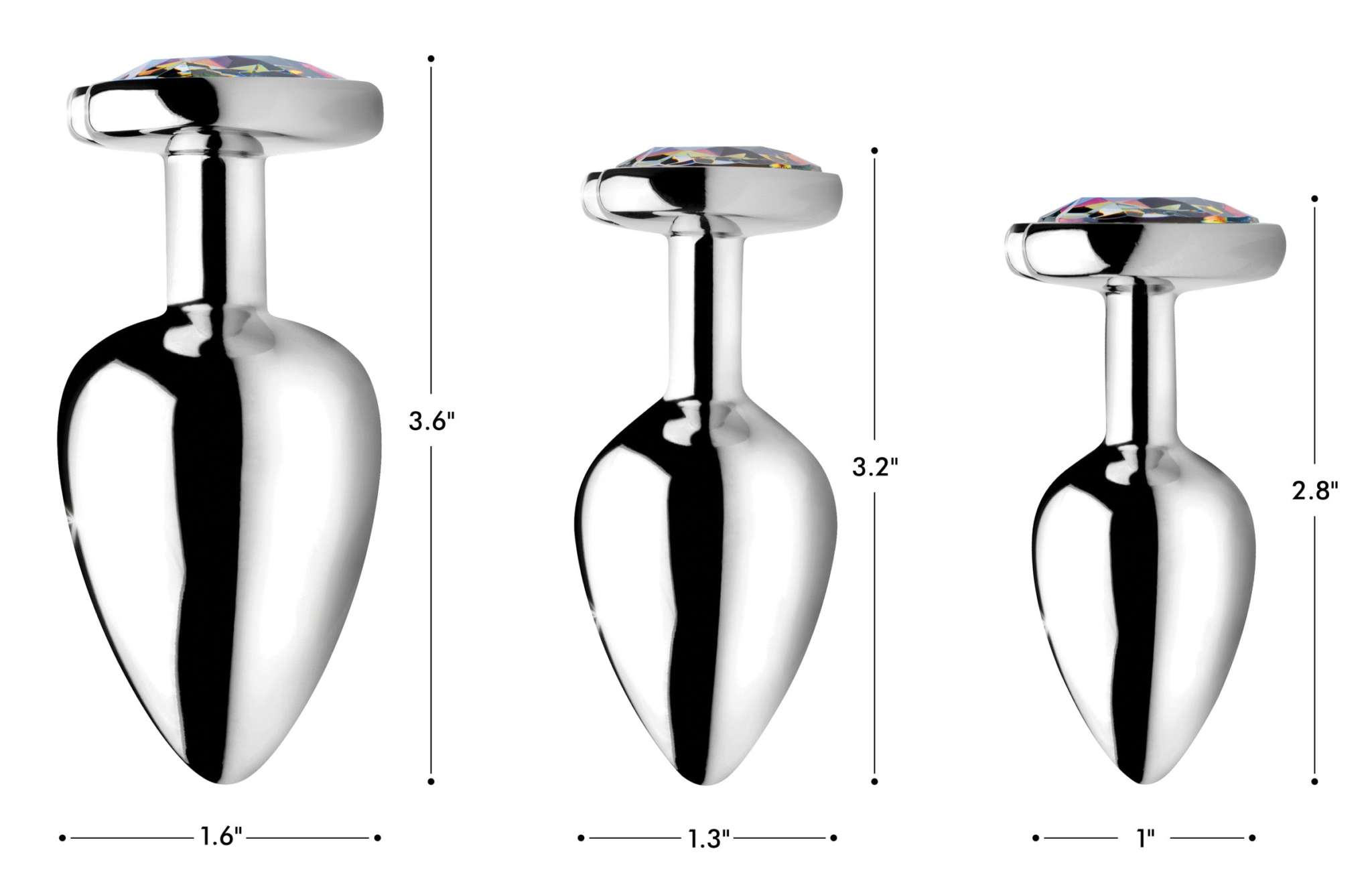 Rainbow Prism Heart-shaped stainless steel anal plugs in three sizes with iridescent gem tops for versatile and comfortable wear.
