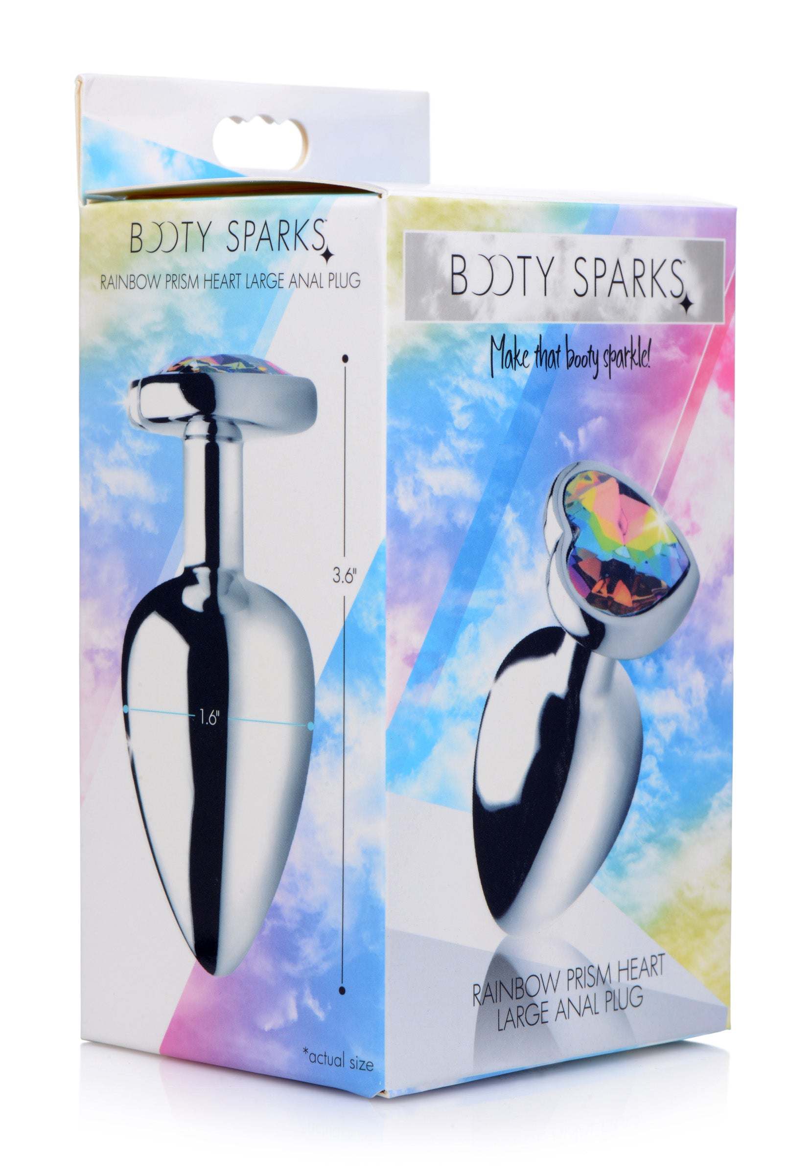 Rainbow Prism Heart-shaped nickel-free aluminum anal plug with rainbow gem and smooth finish in packaging