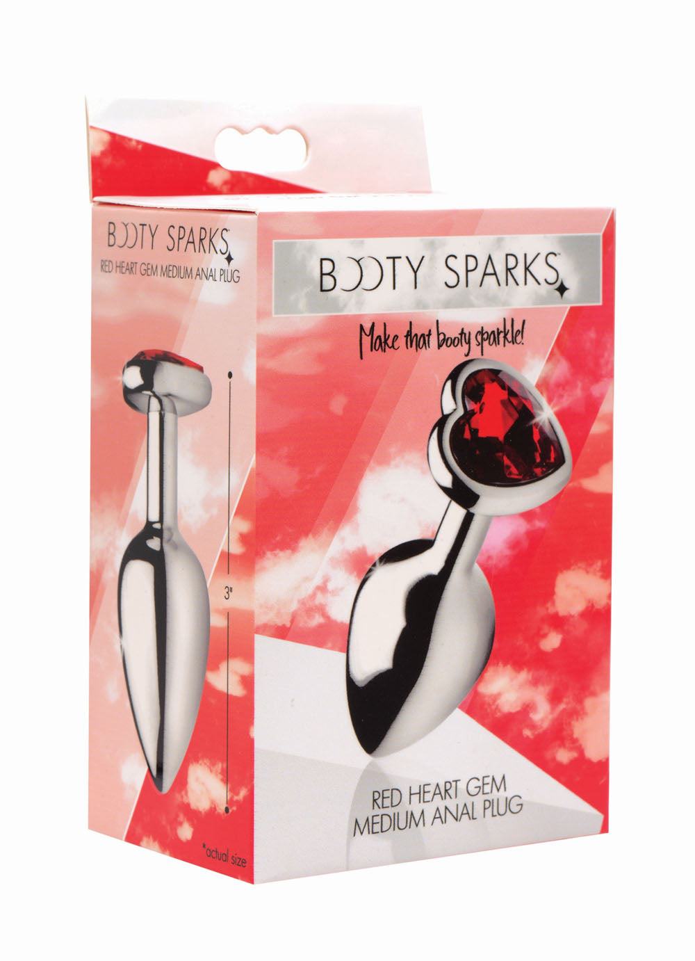 Red Heart Gem Anal Plug medium size with heart-shaped red gem and smooth aluminum finish in packaging