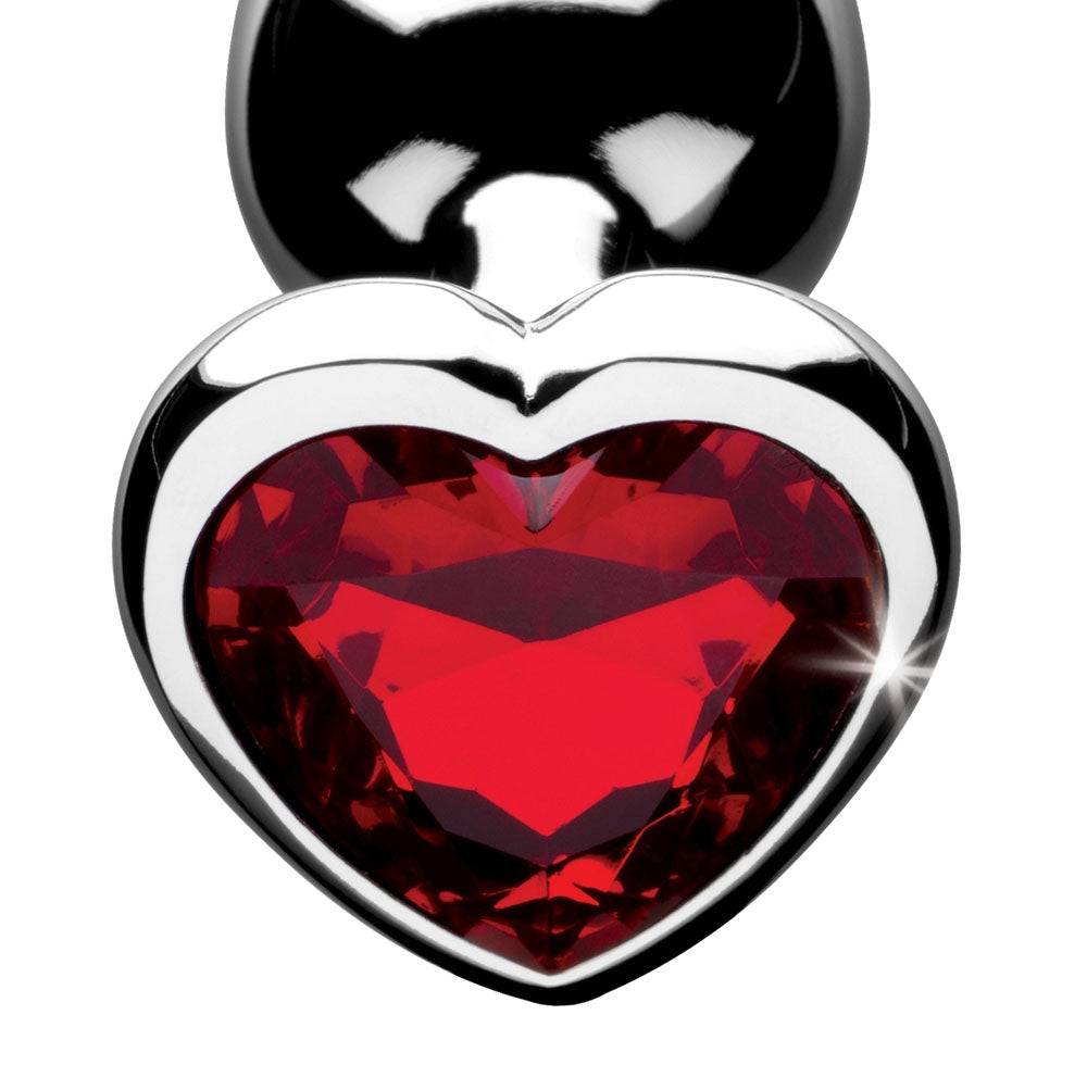 Medium-sized Red Heart Gem Anal Plug with smooth aluminum finish and deep red heart-shaped jewel.