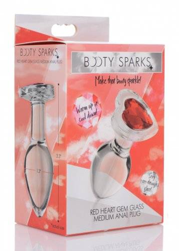 Red Heart Gem Glass Anal Plug medium-sized heart-shaped clear glass plug with red gem tip in packaging