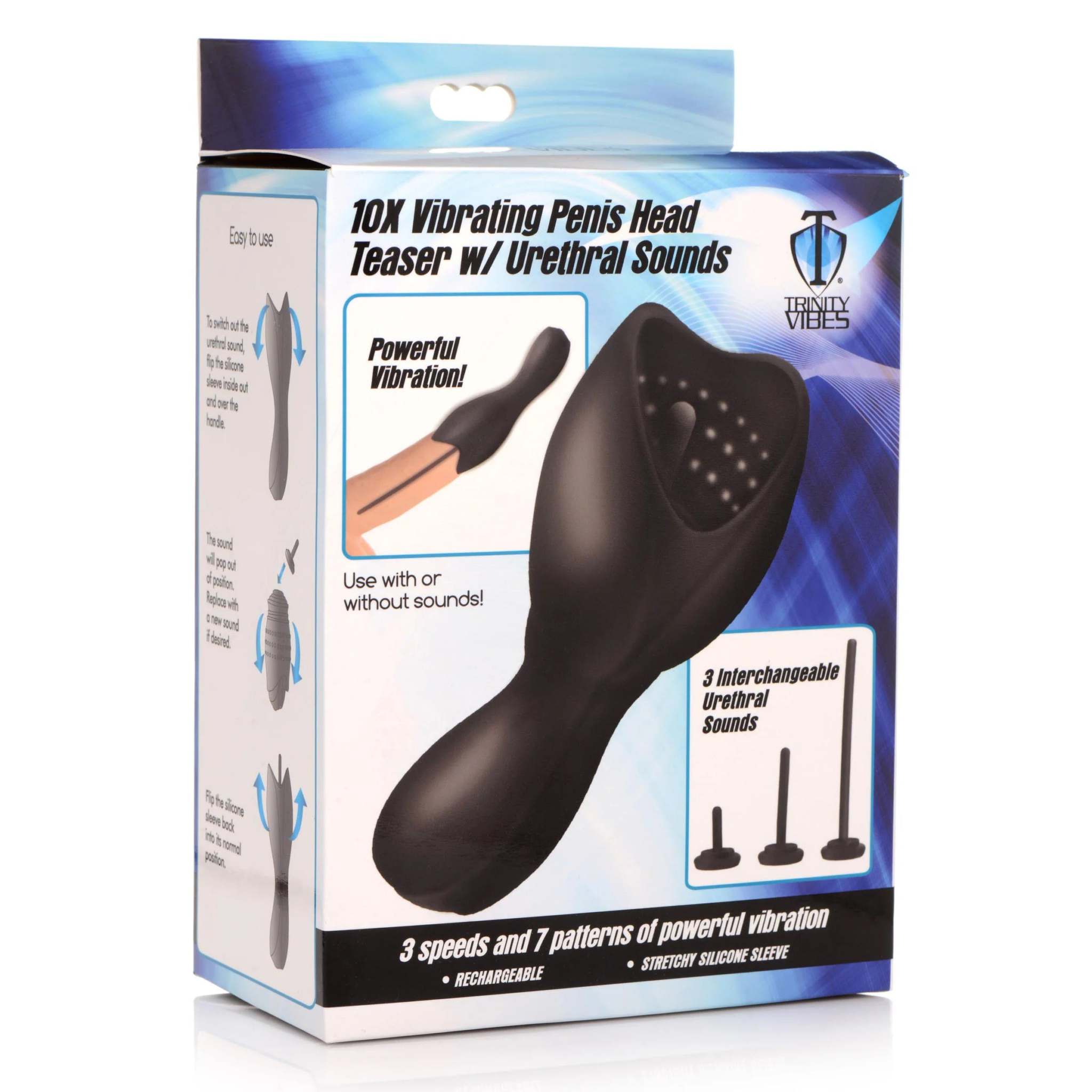 10x Vibrating Penis Head Teaser in black with urethral sounds, 3 speeds, 7 vibration patterns, and rechargeable USB design