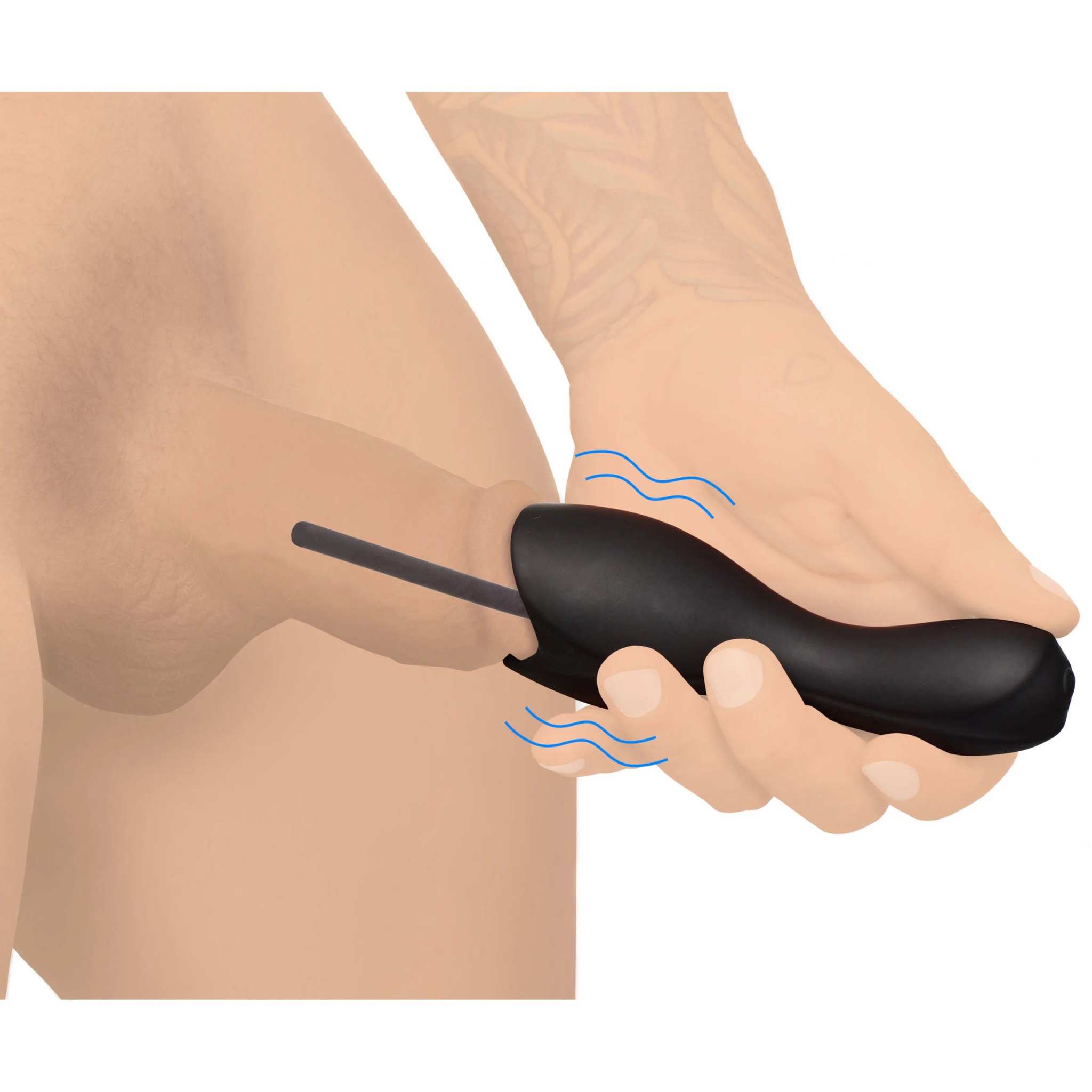 Black vibrating penis head teaser with urethral sound being held for intimate stimulation.