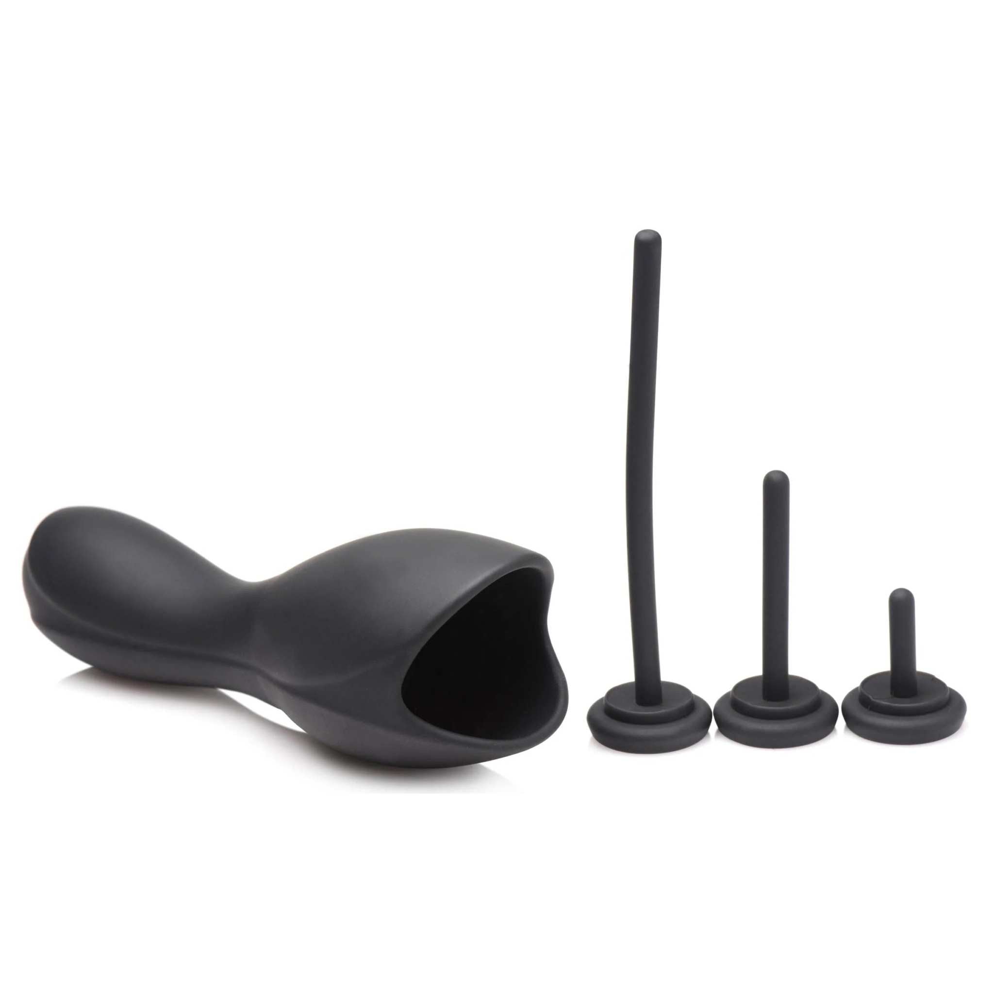 Black vibrating penis head teaser with three silicone urethral sounds in small, medium, and large sizes for customizable intimate stimulation.