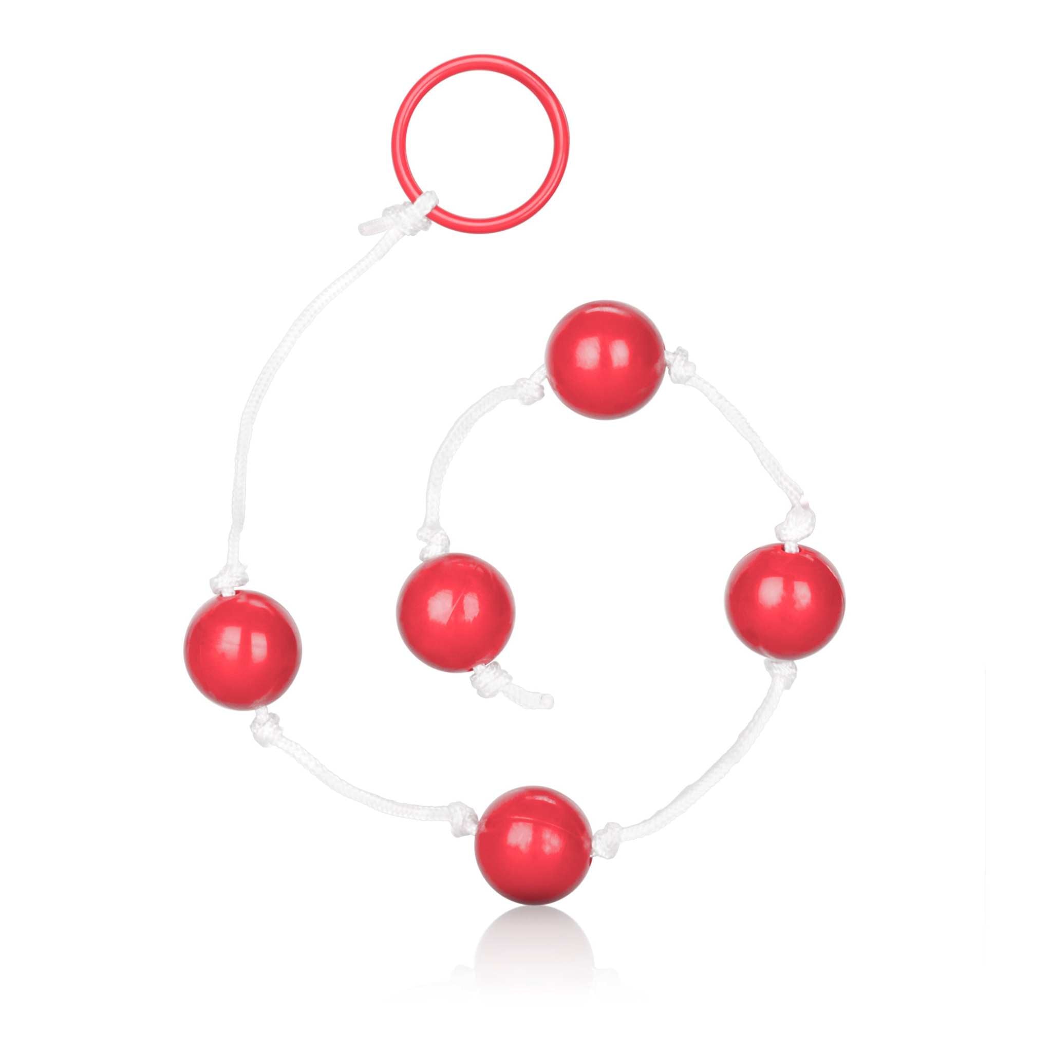 Medium-sized red anal beads with flexible white nylon cord and pull ring for safe and pleasurable use