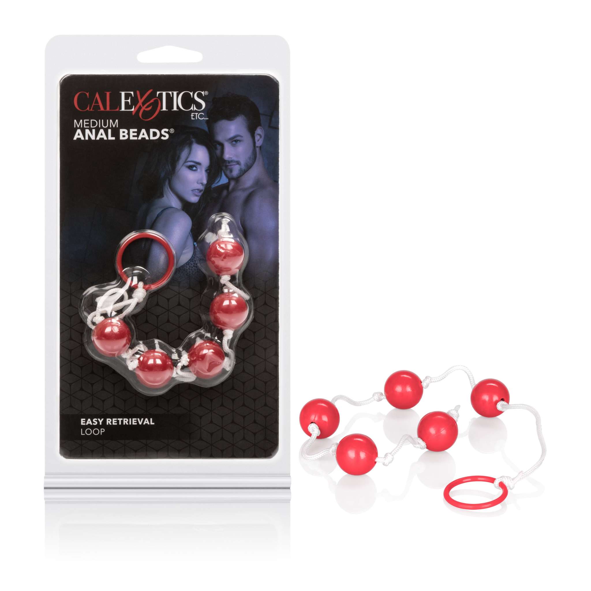 Medium red anal beads with flexible nylon cord and easy retrieval loop in retail packaging