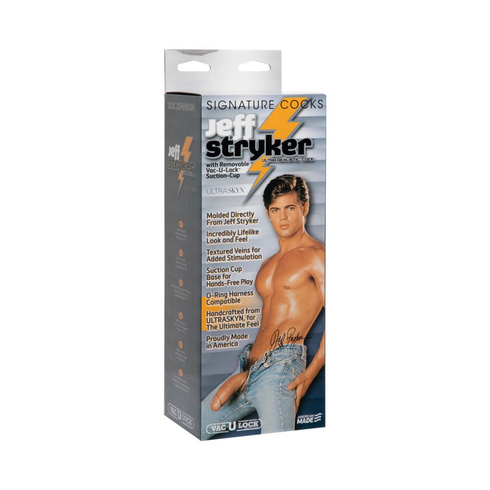 Packaging of Jeff Stryker UR3 Cock 10-inch with Vac-U-Lock suction cup featuring lifelike design and harness compatibility