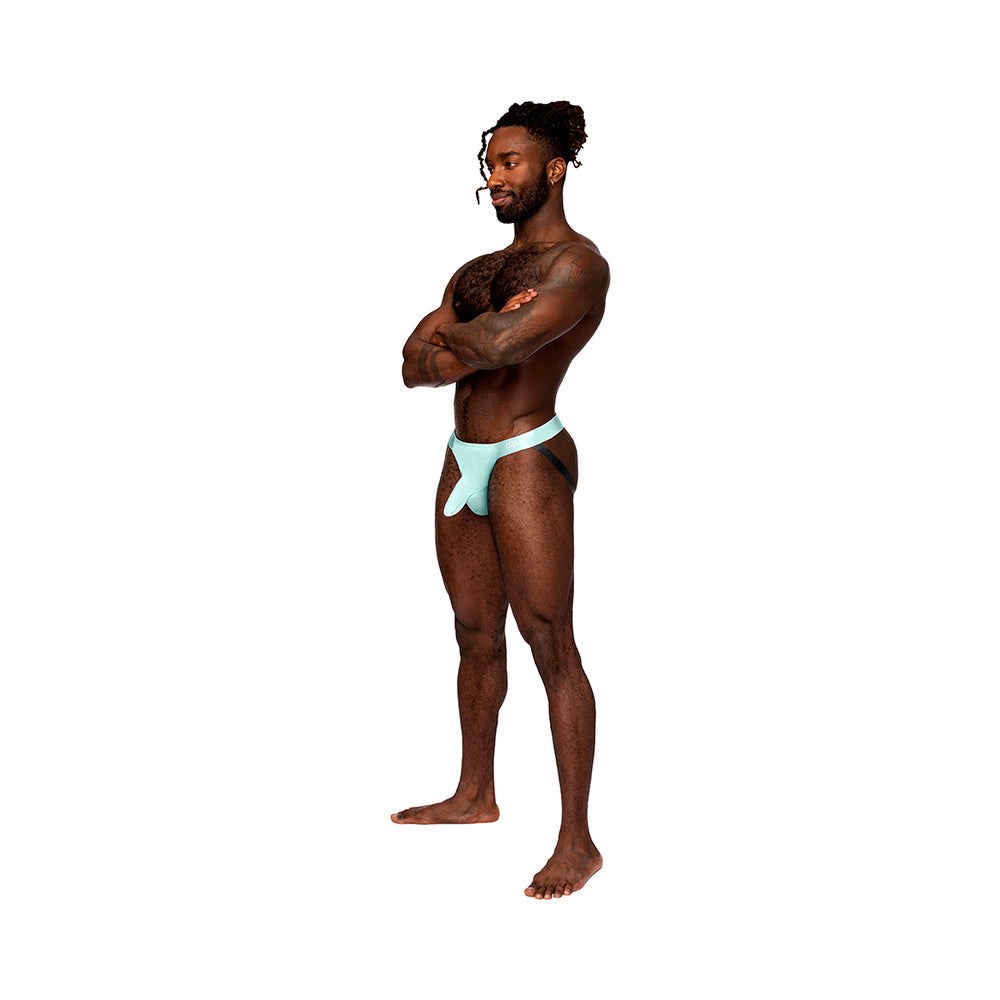 Male model wearing Male Power Easy Breezy Jock Sleeve with low cut waist and satin elastic bands, breathable cotton spandex fabric