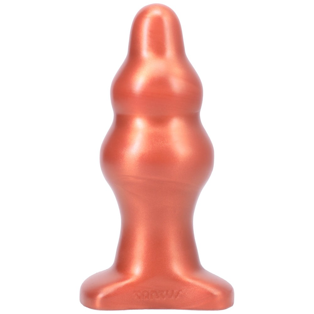Tantus Severin Medium anal plug in metallic orange with tapered nose and staged design for intermediate to advanced use