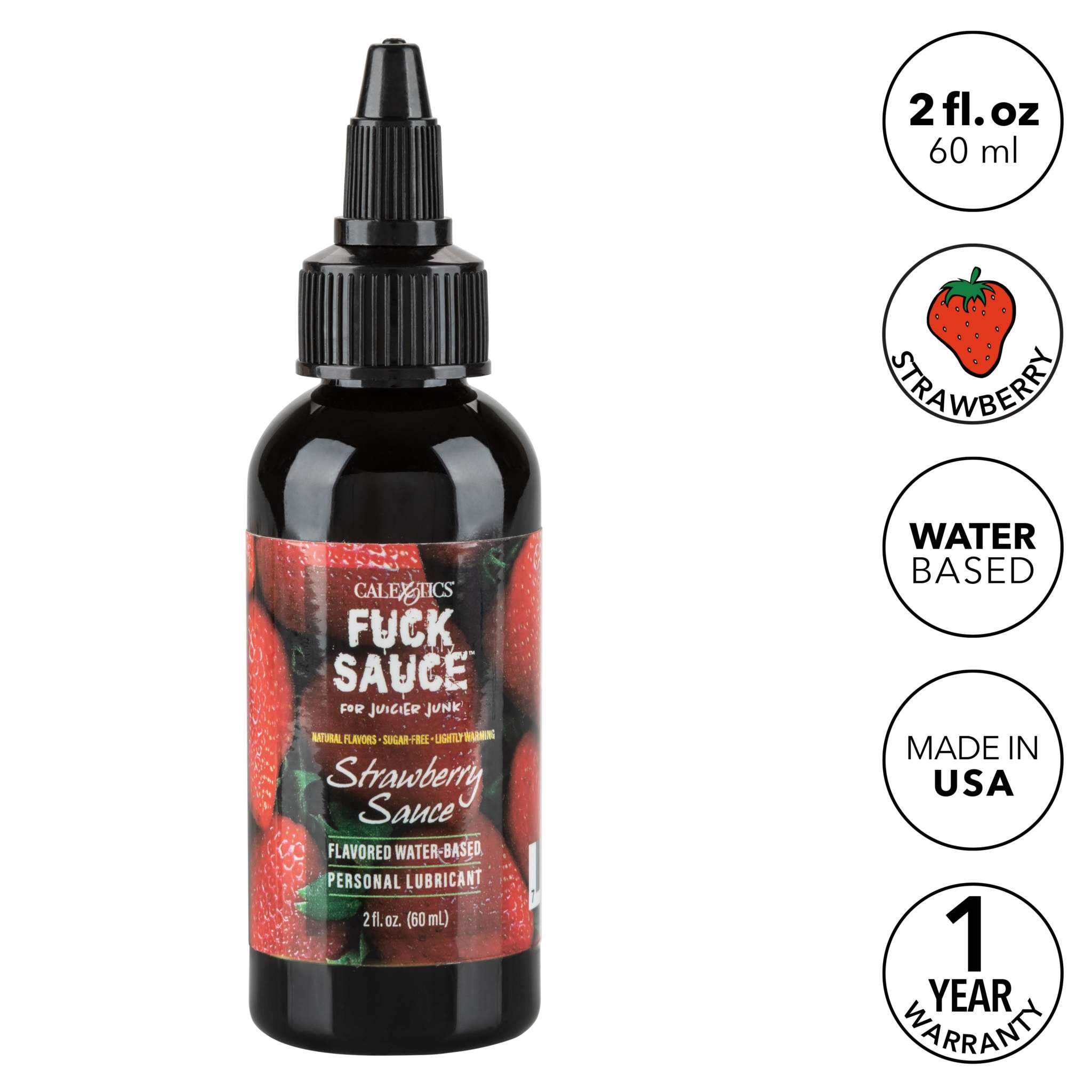 Fuck Sauce Flavored Water-Based Personal Lubricant in strawberry flavor, 2 fl. oz. bottle with natural edible ingredients and warming effect.