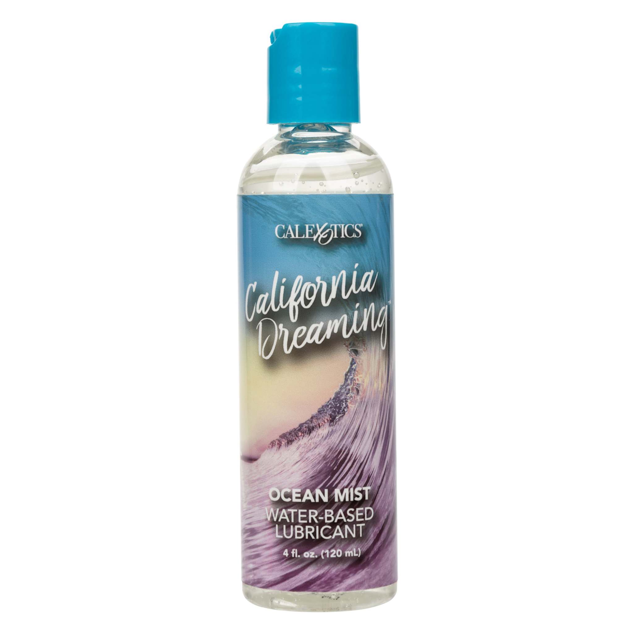 California Dreaming Ocean Mist water-based lubricant 4 oz bottle with blue cap and ocean wave label design