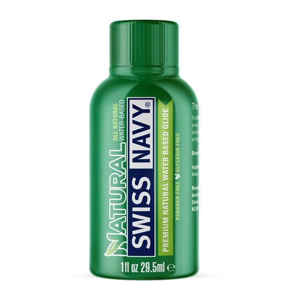 Green bottle of Swiss Navy natural water-based lubricant 1oz with premium glide formula for sensitive skin