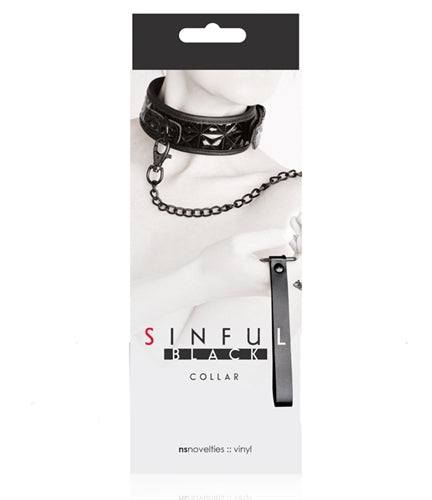 Sinful Collar in black vinyl with adjustable chain leash for stylish kink play