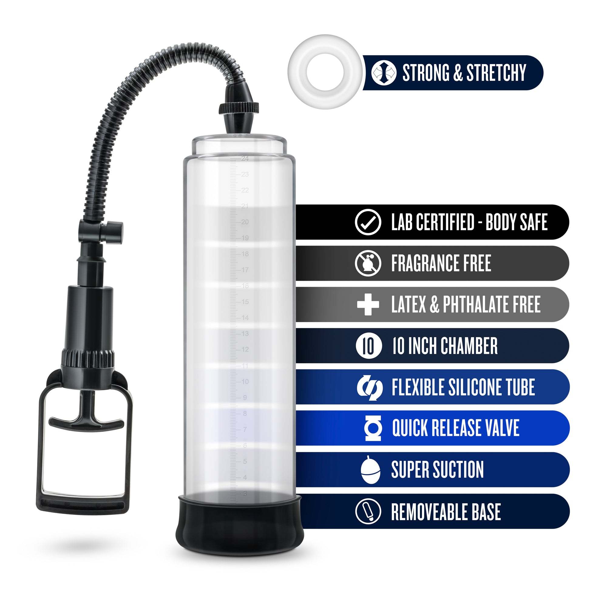 Performance Vx 4 male enhancement pump system with clear 10-inch chamber, flexible silicone tube, quick release valve, and removable base designed for strong and stretchy suction.