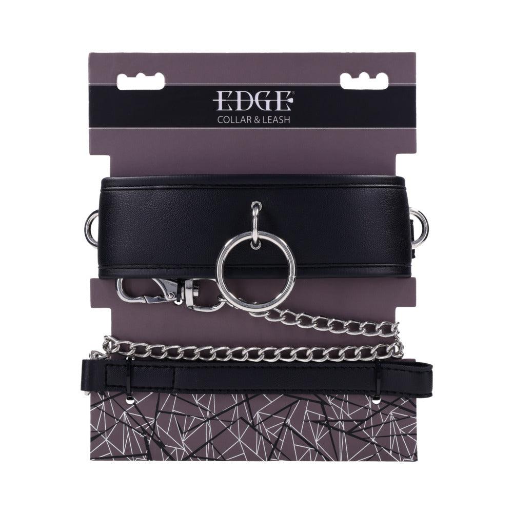Sportsheets Edge Collar & Leash padded black faux leather collar with silver metal hardware and removable chain leash.