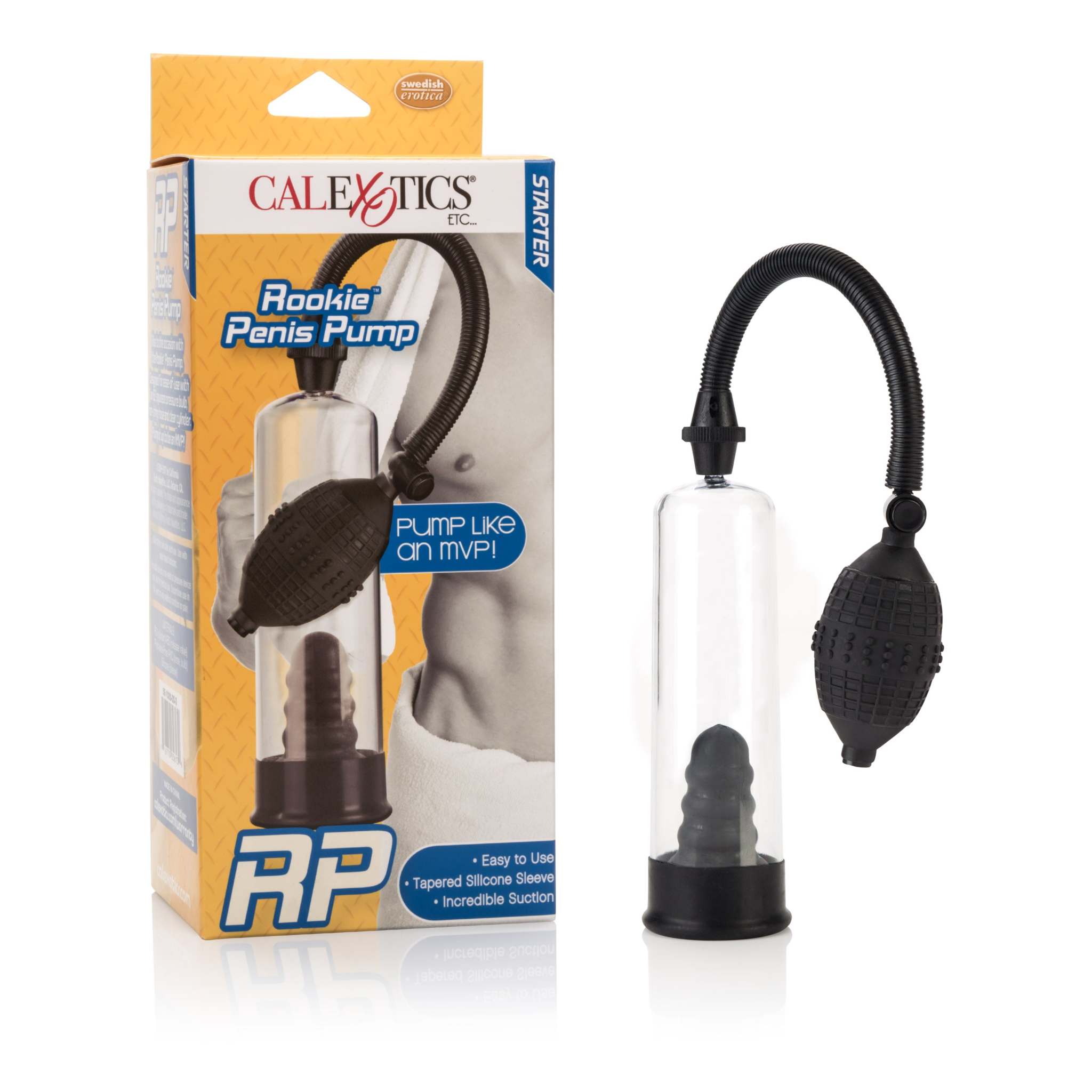 Rookie Penis Pump with detachable flexible hose and soft rubber sleeve for comfortable suction and easy cleaning.