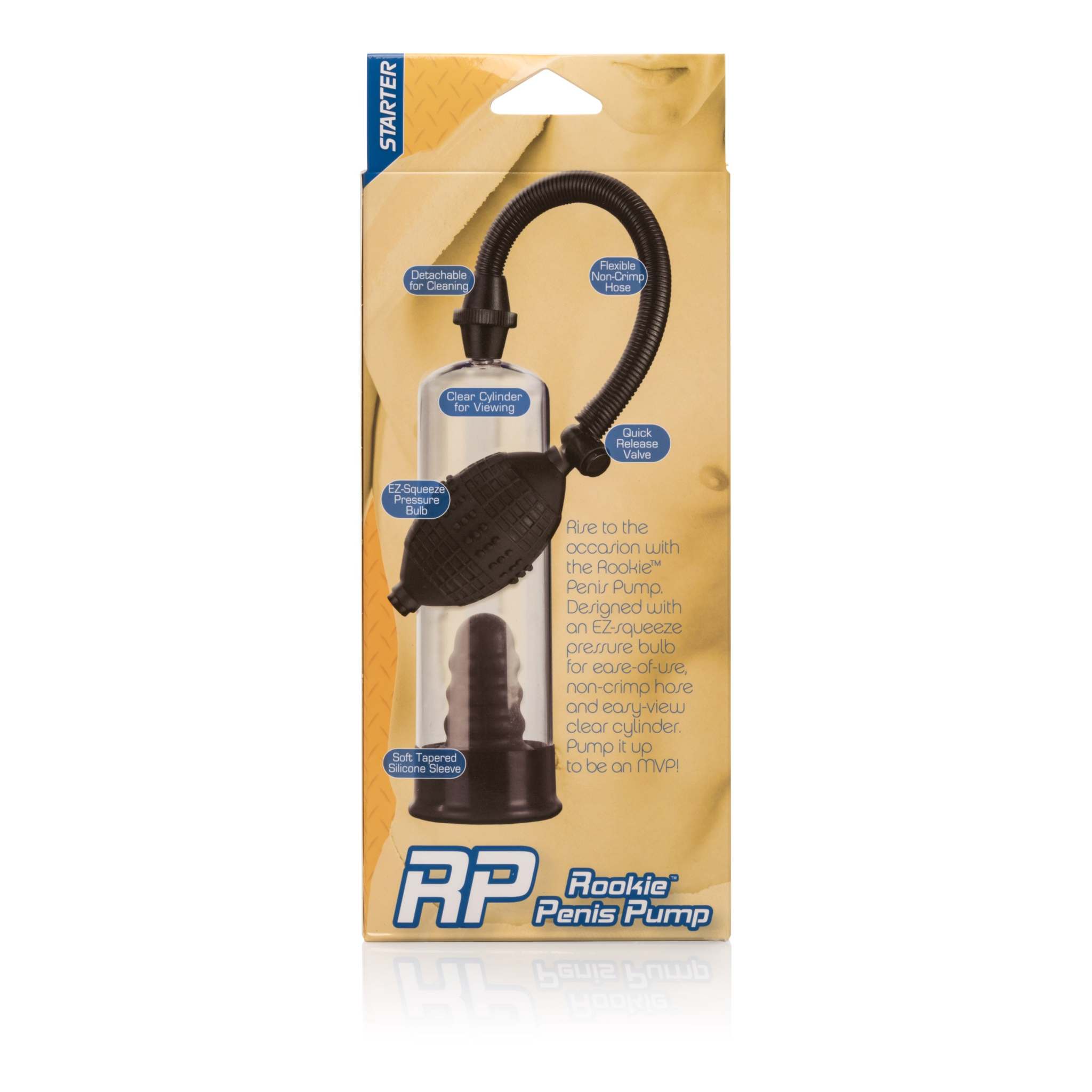 Rookie Penis Pump starter kit with detachable hose, soft tapered sleeve, and clear cylinder for easy use and cleaning.