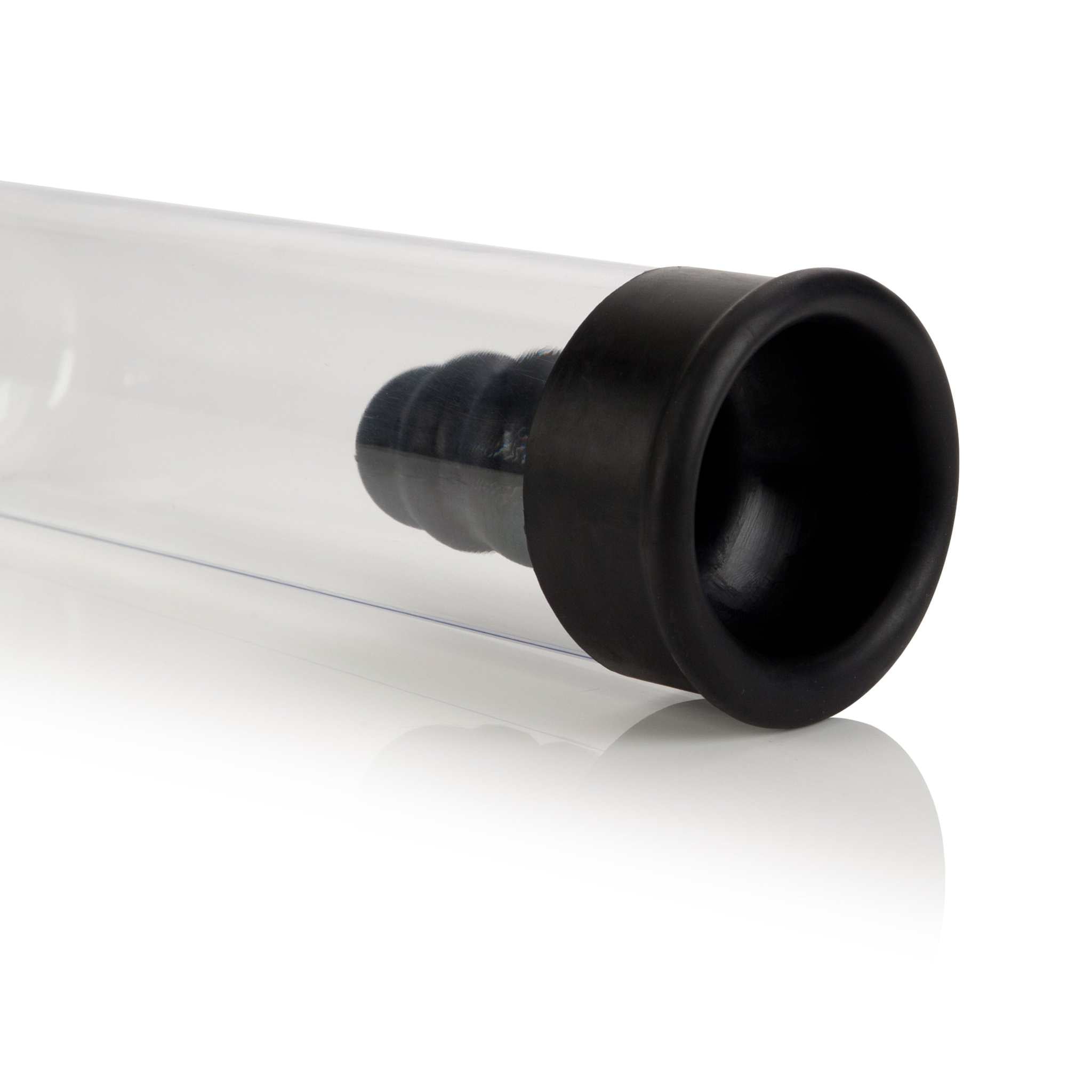 Rookie Penis Pump with clear cylinder and black soft rubber sleeve for comfort and easy use