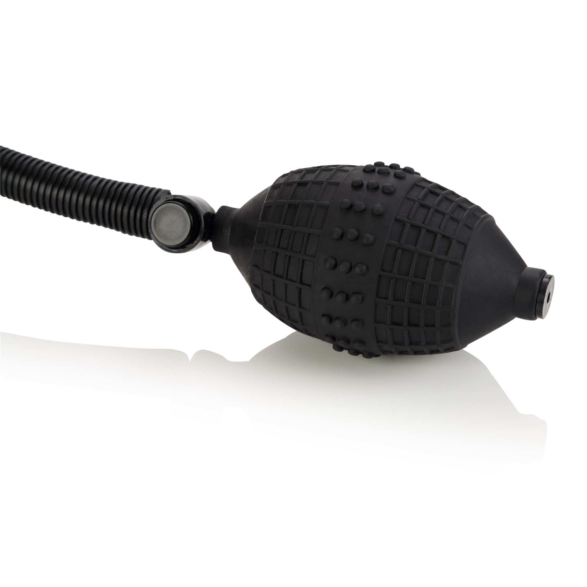 Rookie Penis Pump with detachable flexible hose and textured black rubber bulb for comfortable suction and easy maneuverability.