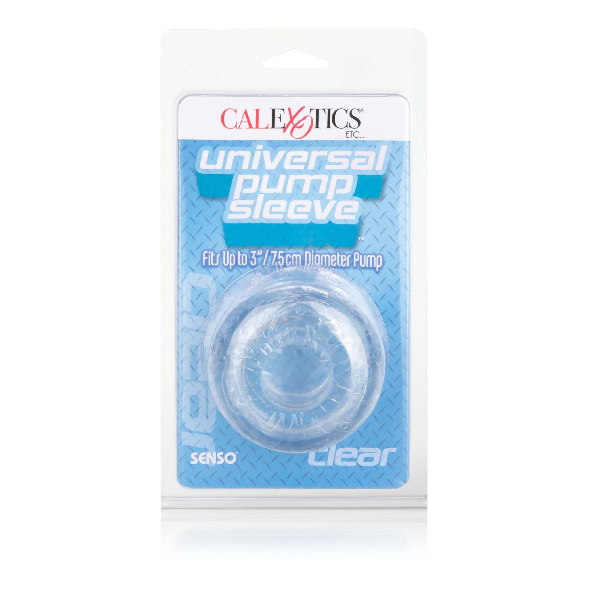 Clear universal pump sleeve in packaging fitting pumps up to 3.25 inches diameter for secure, comfortable fit