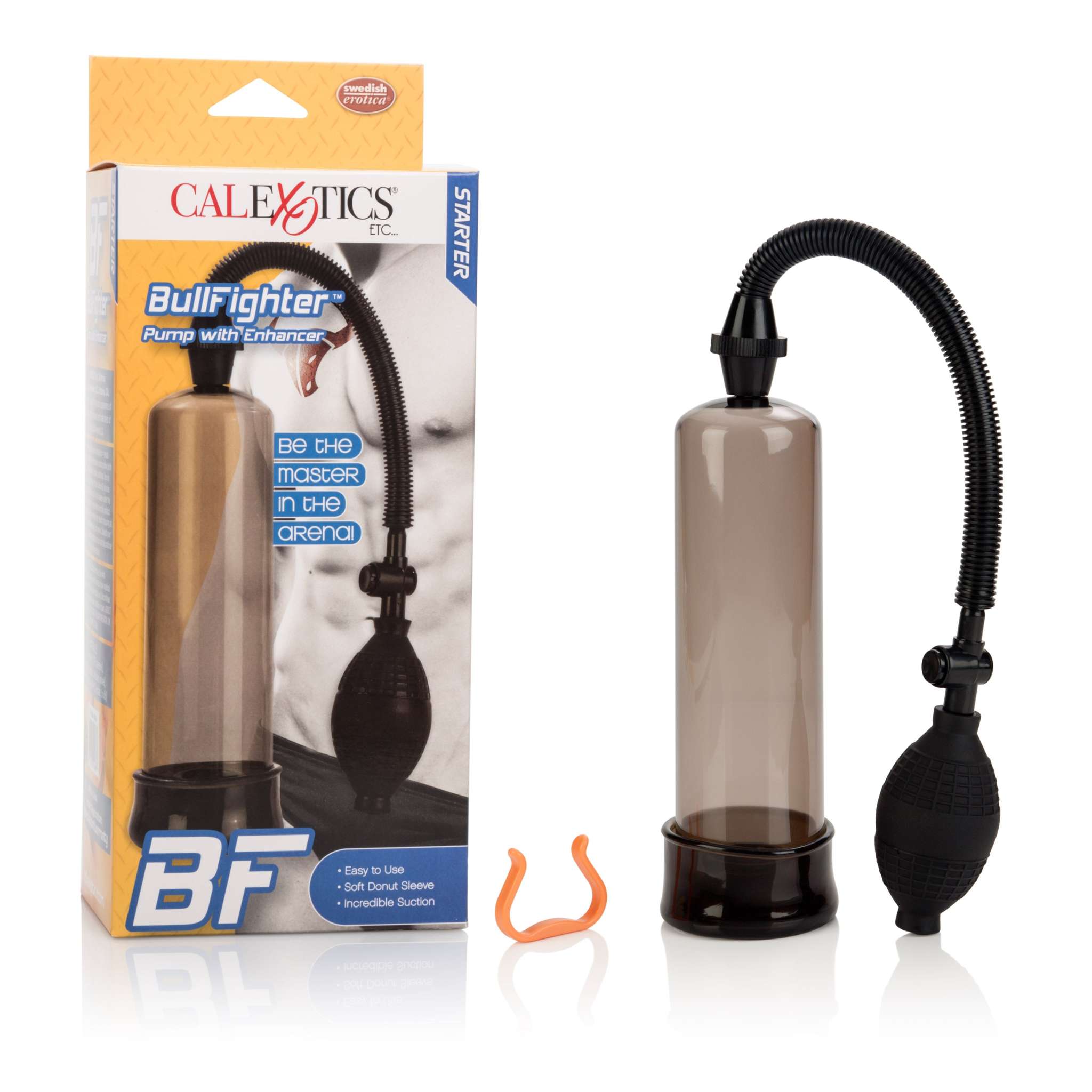 Bullfighter Pump clear penis pump with black bulb and hose, featuring removable orange jelly sleeve and packaging box.