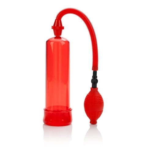 Red Fireman’s Pump with a standard bulb and flexible hose for efficient water removal and liquid transfer.